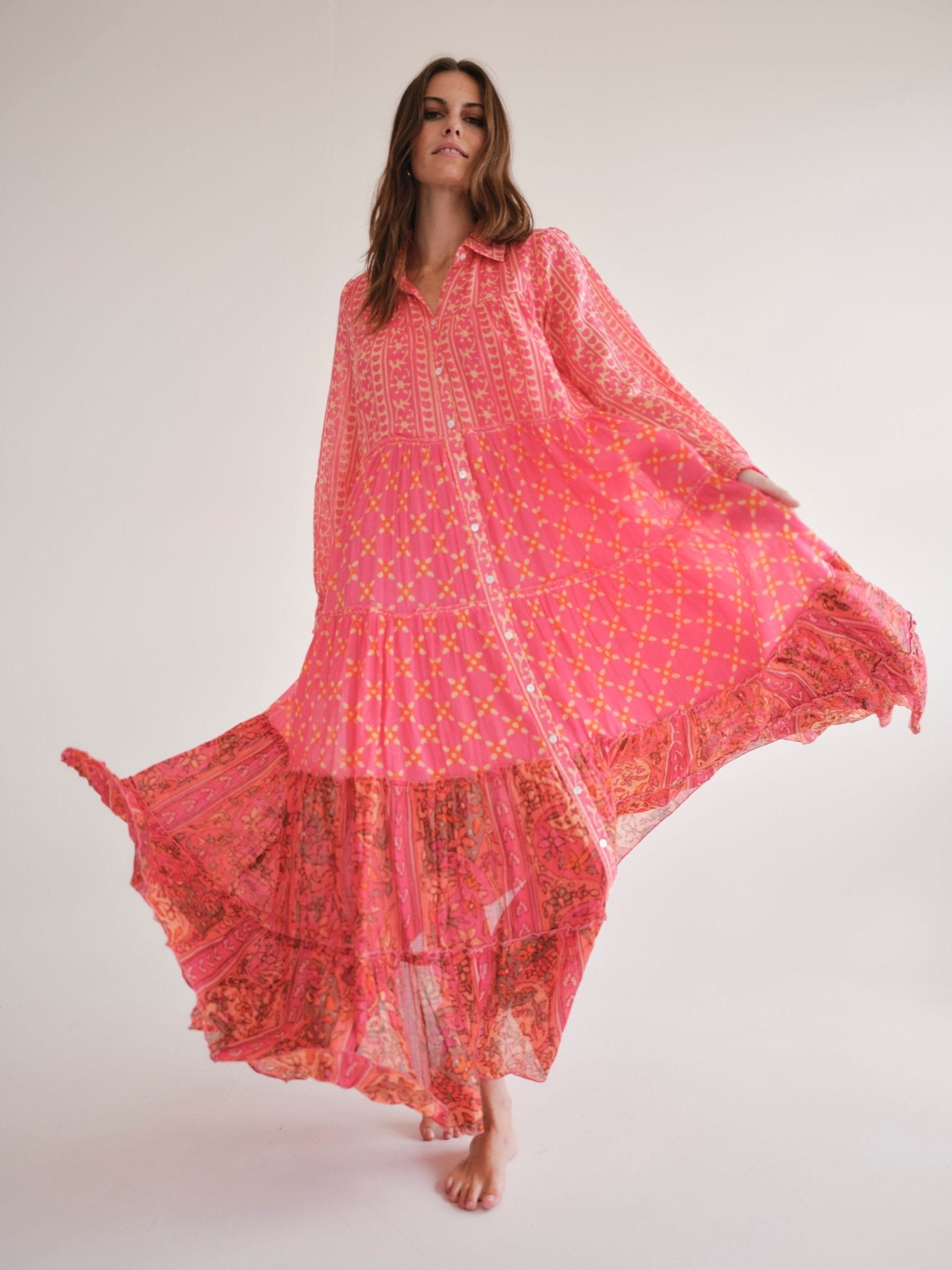 View our Olsen Cotton Long Sleeved Maxi Dress With Pink And Orange Floral - by Tribute Store