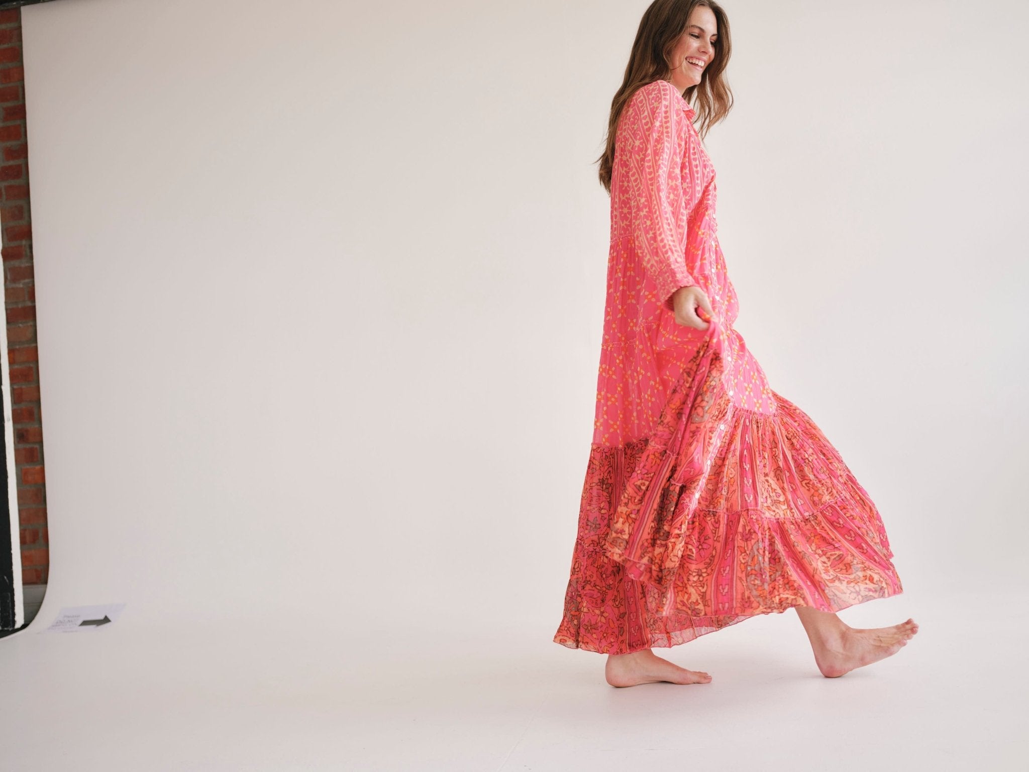 View our Olsen Cotton Long Sleeved Maxi Dress With Pink And Orange Floral - by Tribute Store
