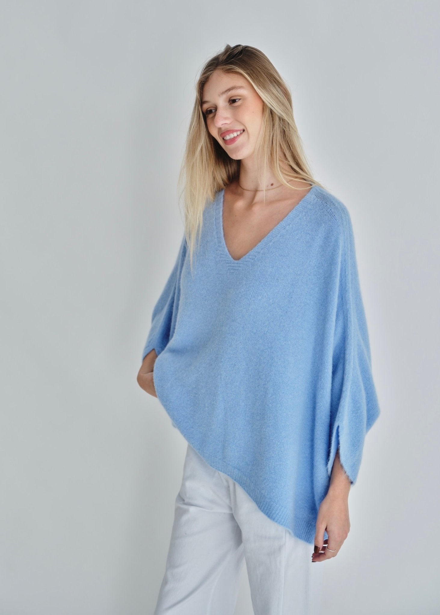 View our Palermo Oversized Italian Batwing V Neck Knit In Sky Blue - by Tribute Store