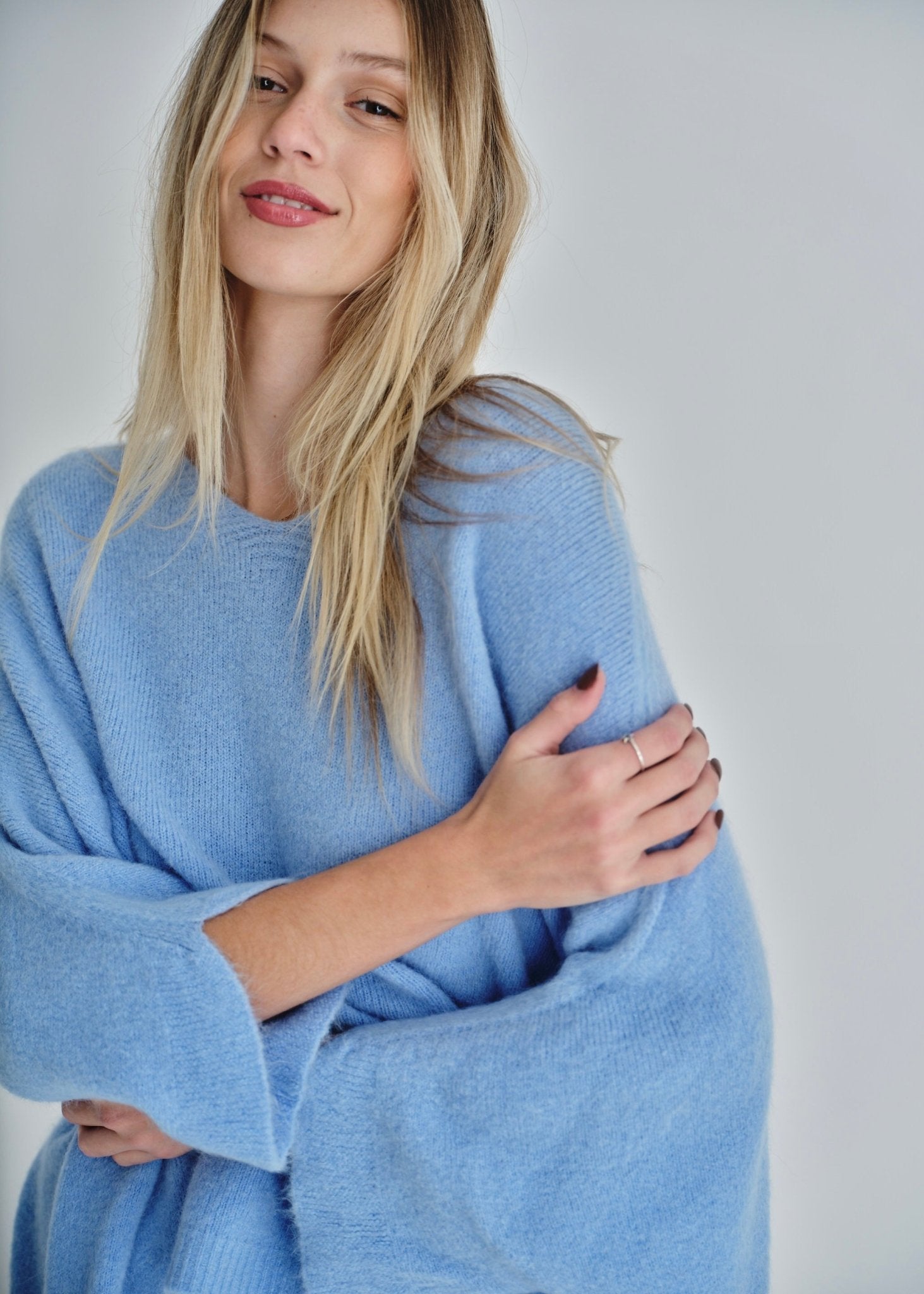 View our Palermo Oversized Italian Batwing V Neck Knit In Sky Blue - by Tribute Store