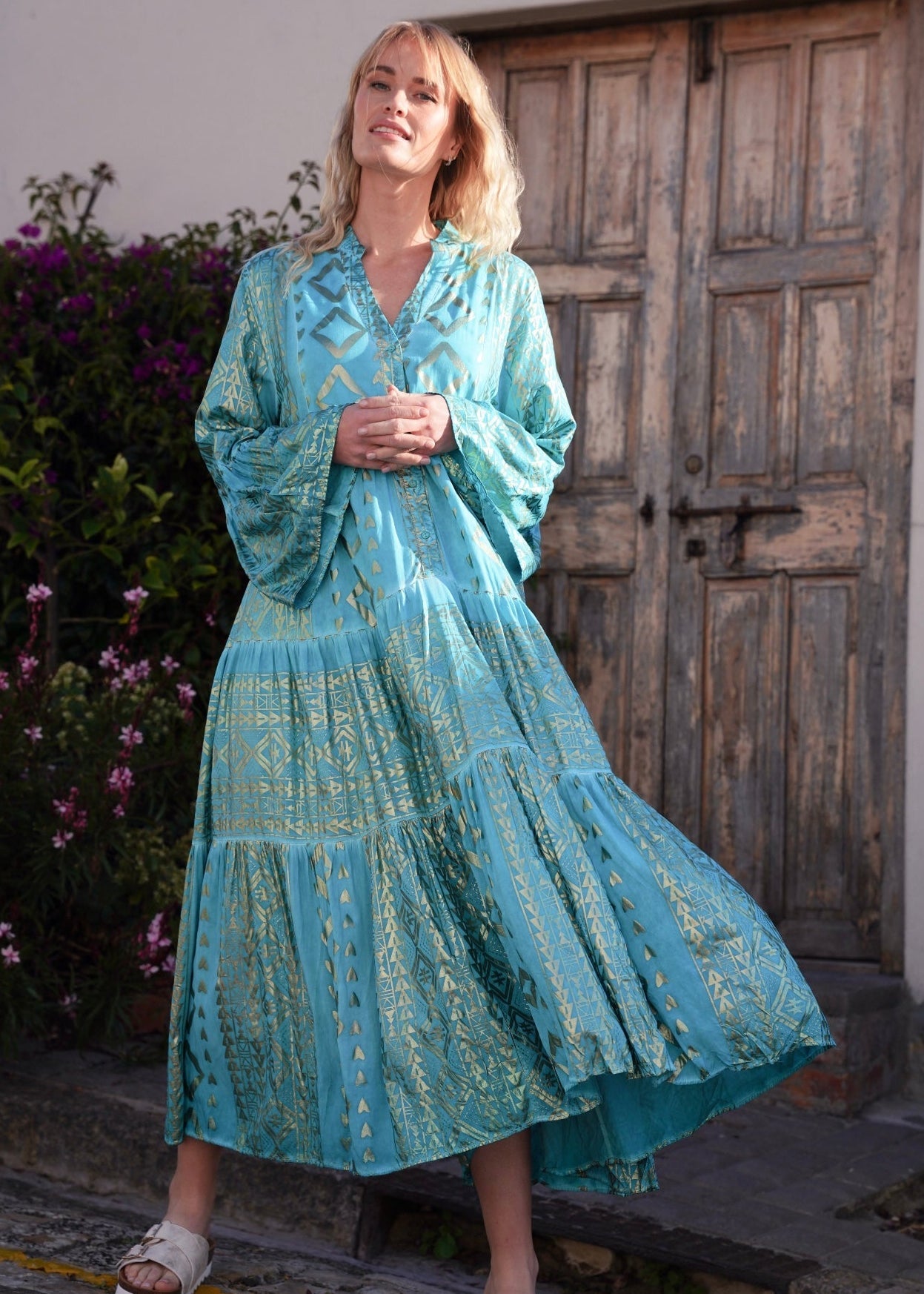View our Phoebe Bohemian Maxi Dress with Gold Foil in Aqua Blue - by Tribute Store