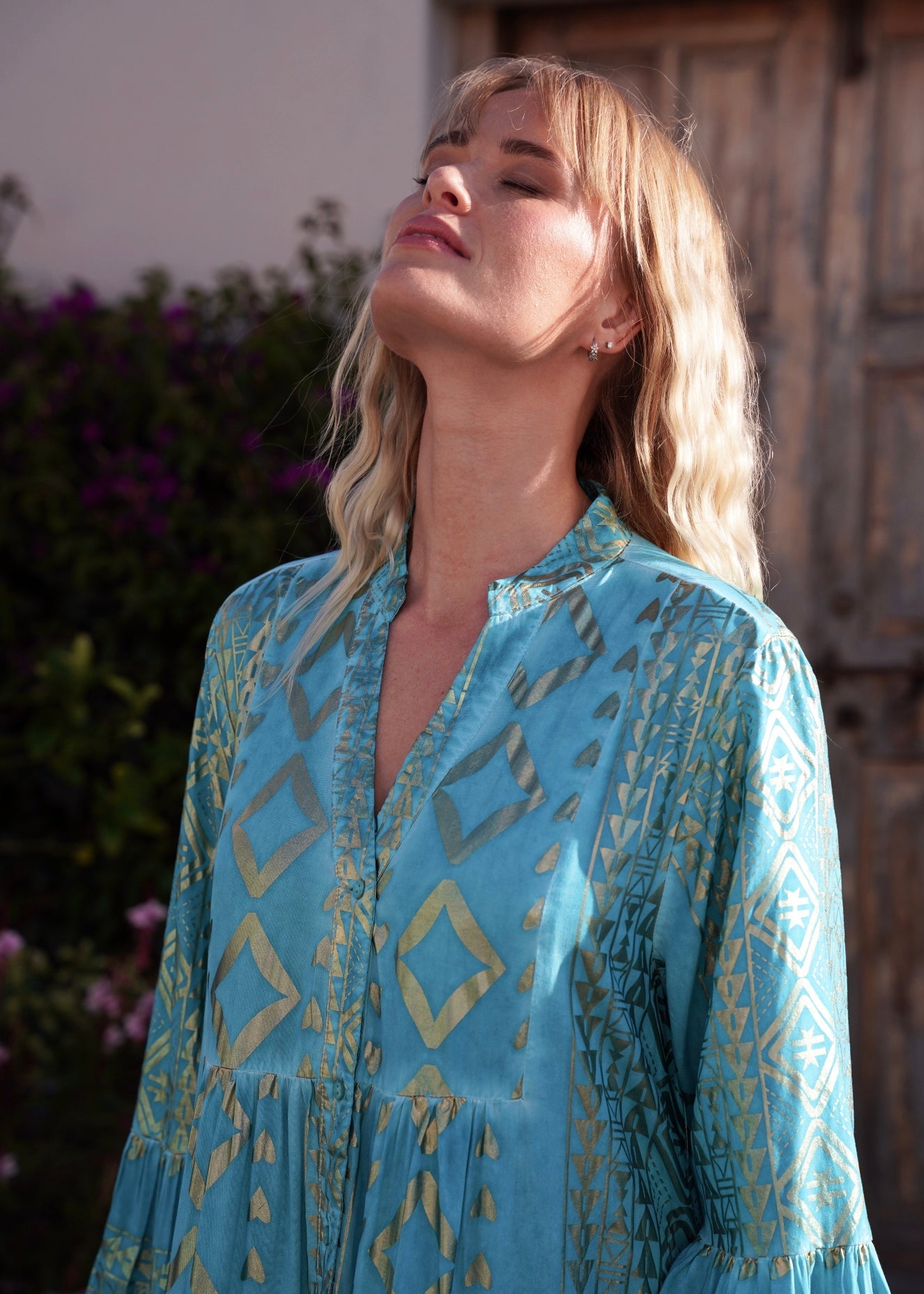 View our Phoebe Bohemian Maxi Dress with Gold Foil in Aqua Blue - by Tribute Store