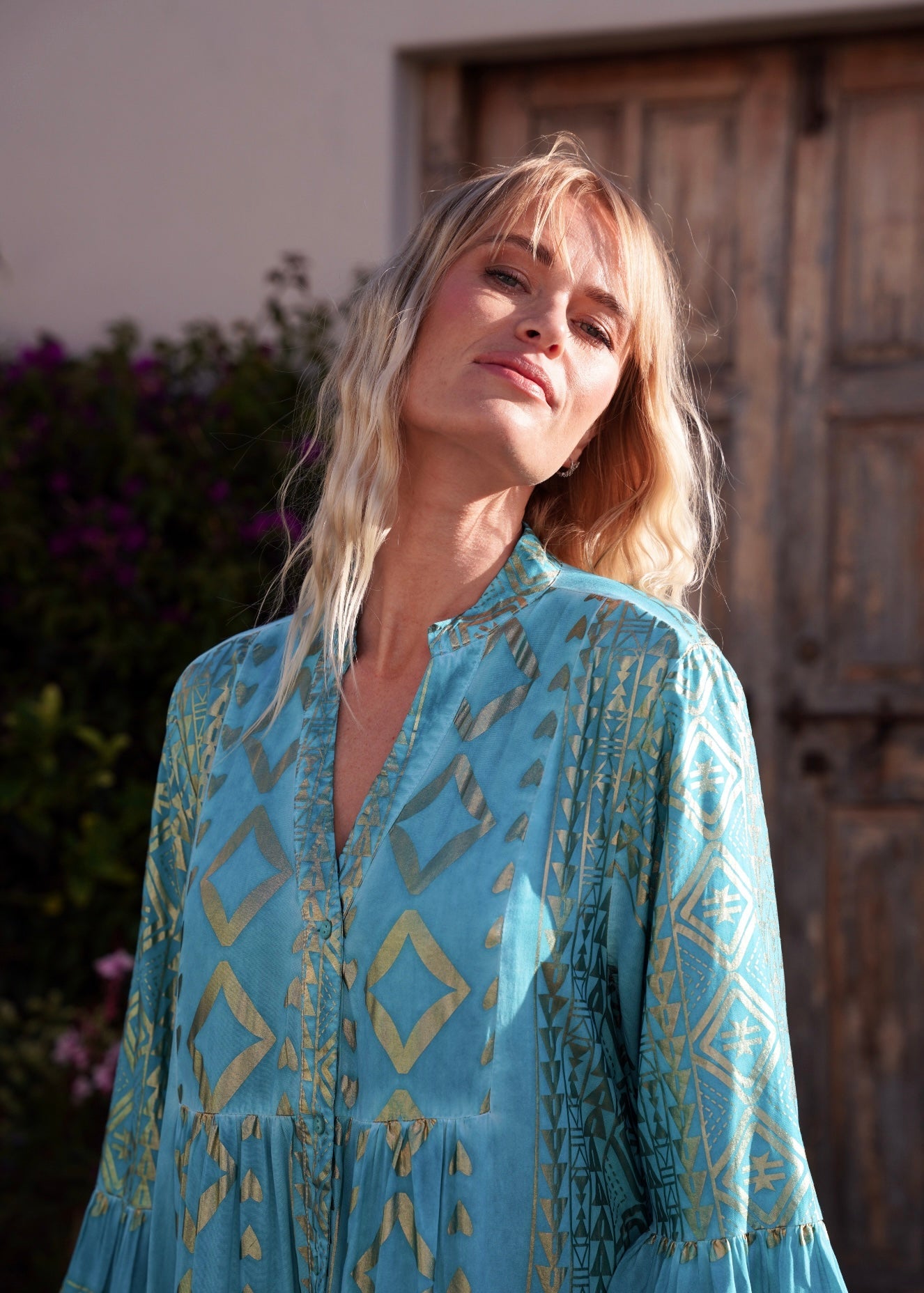 View our Phoebe Bohemian Maxi Dress with Gold Foil in Aqua Blue - by Tribute Store