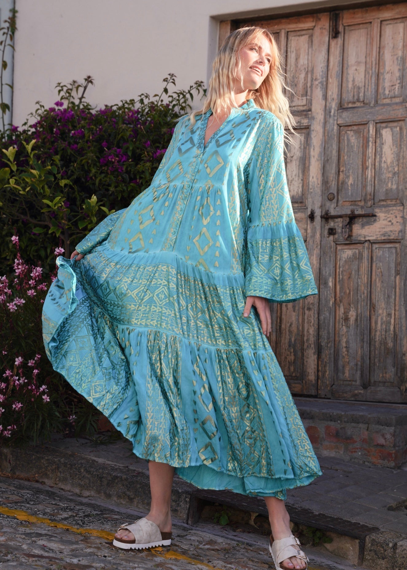 View our Phoebe Bohemian Maxi Dress with Gold Foil in Aqua Blue - by Tribute Store
