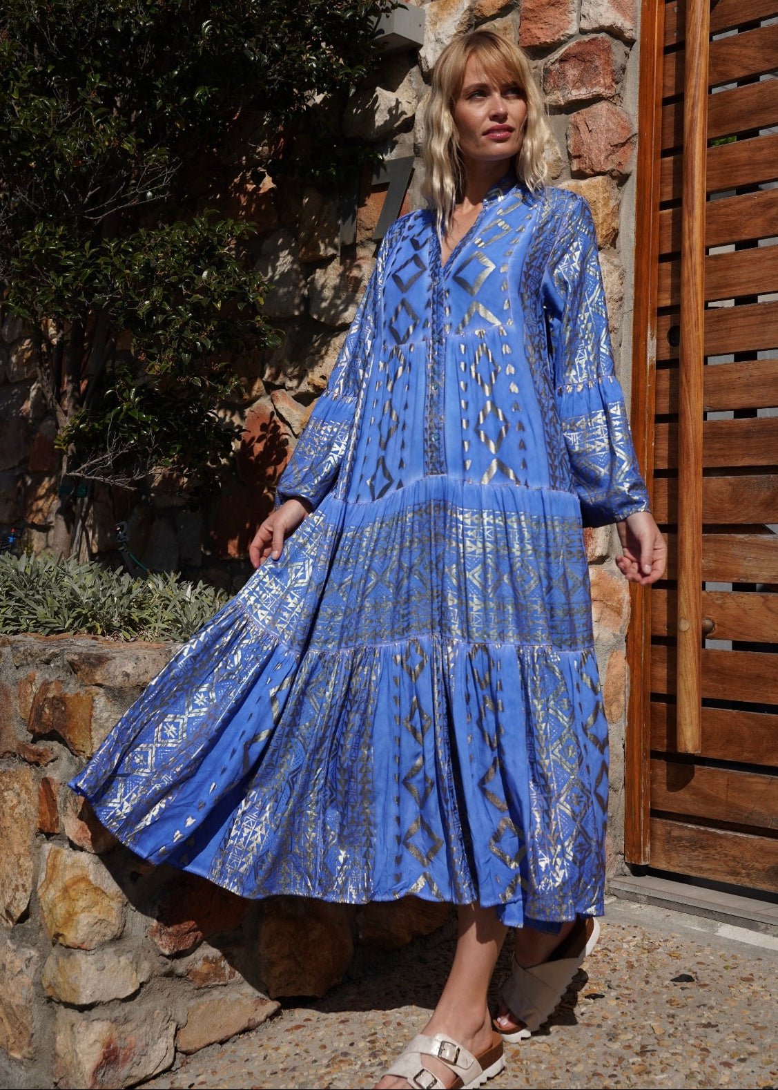 View our Phoebe Bohemian Maxi Dress with Gold Foil in Bright Blue - by Tribute Store