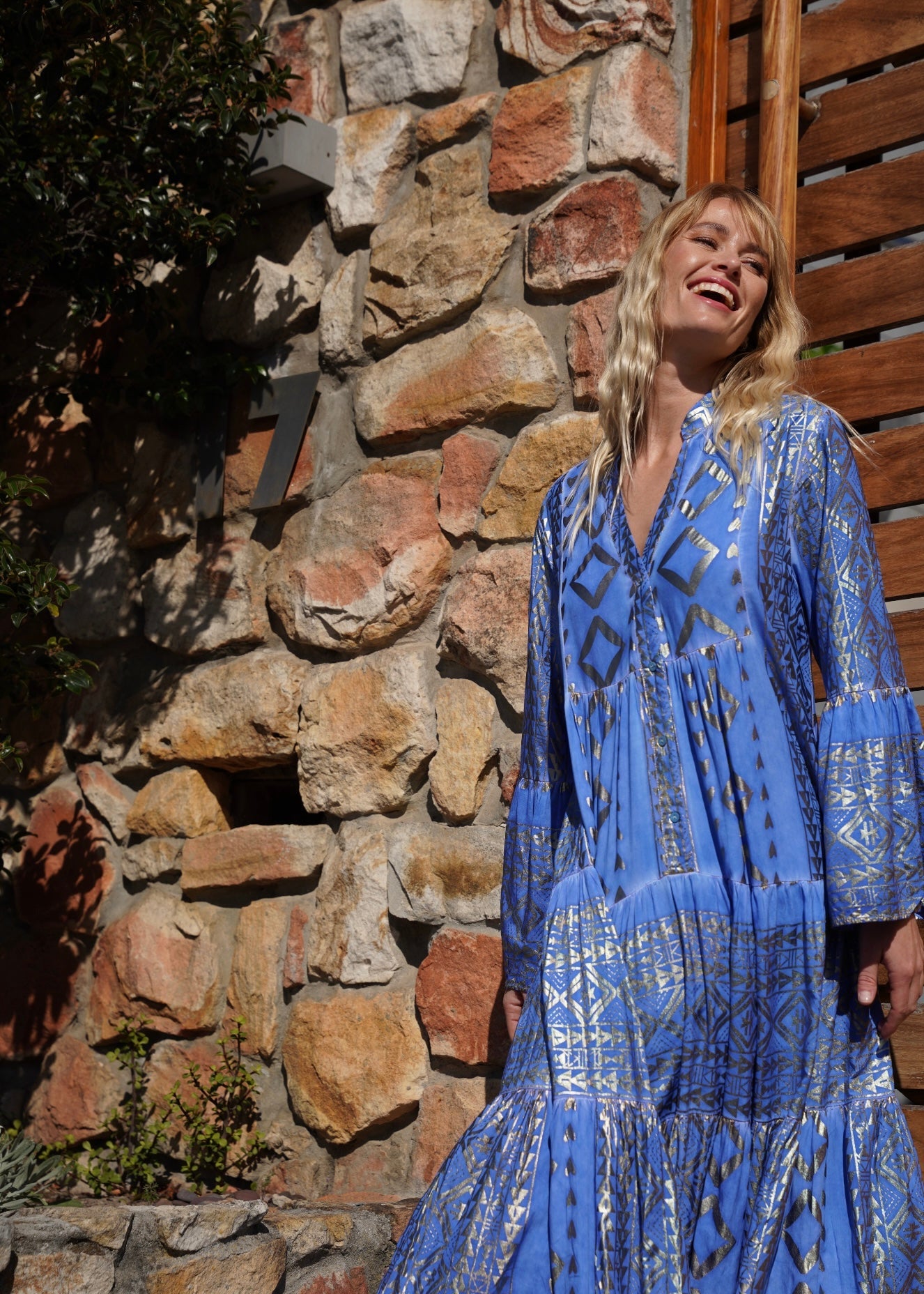 View our Phoebe Bohemian Maxi Dress with Gold Foil in Bright Blue - by Tribute Store
