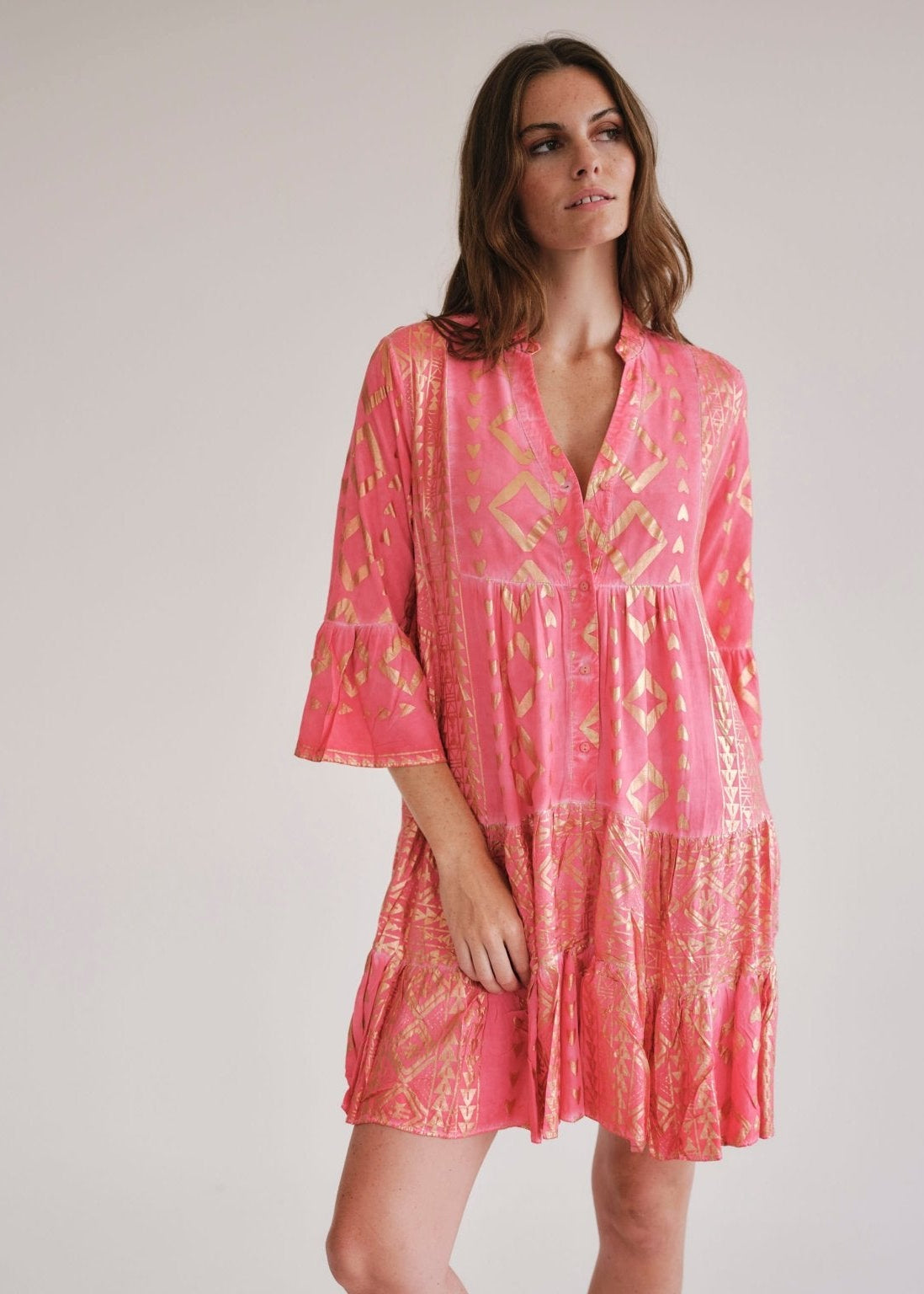 View our Phoebe Bohemian Short Dress with Gold Foil in Coral - by Tribute Store