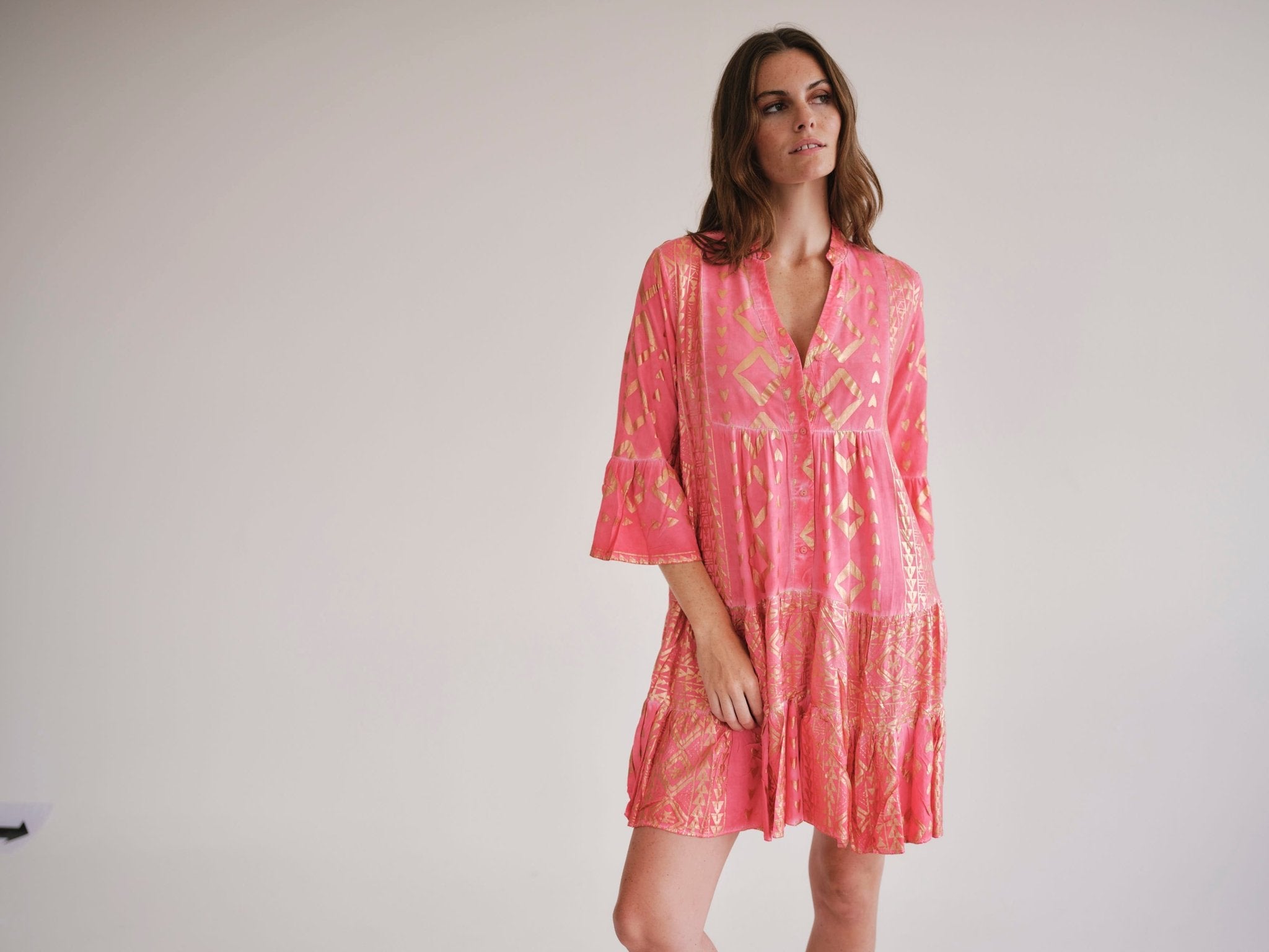 View our Phoebe Bohemian Short Dress with Gold Foil in Coral - by Tribute Store