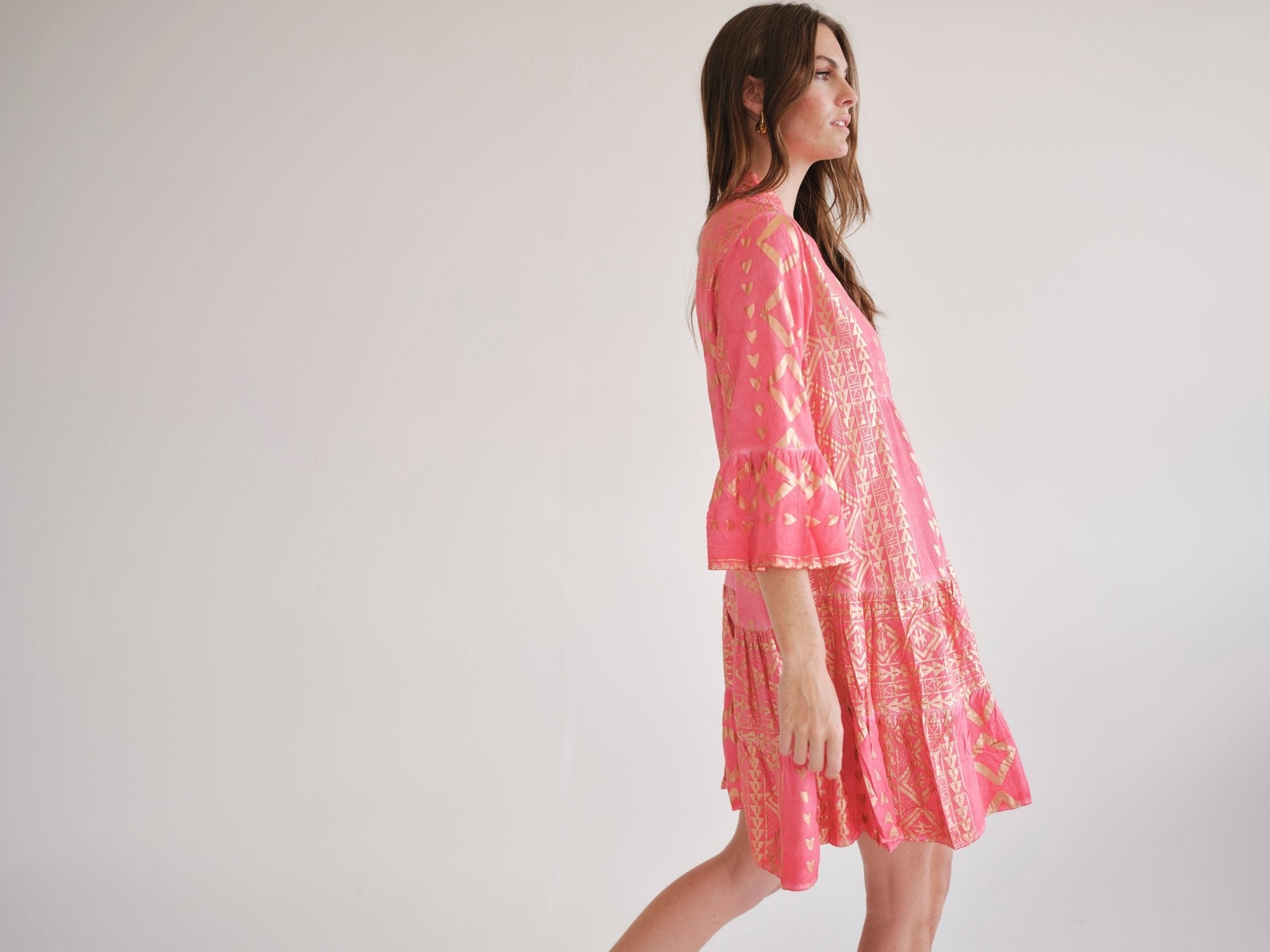 View our Phoebe Bohemian Short Dress with Gold Foil in Coral - by Tribute Store