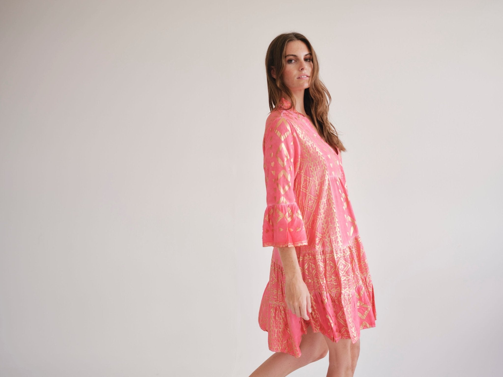 View our Phoebe Bohemian Short Dress with Gold Foil in Coral - by Tribute Store