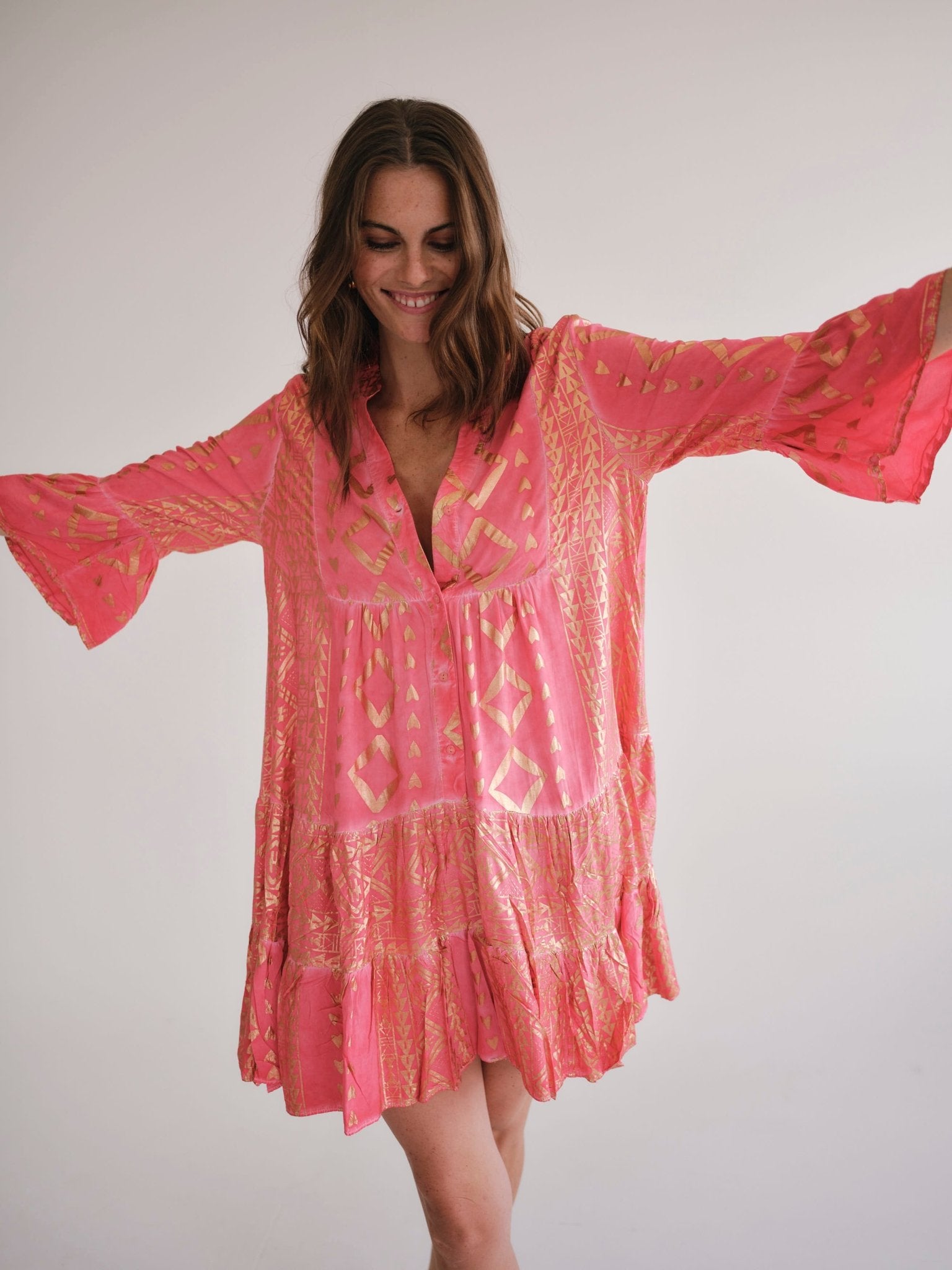 View our Phoebe Bohemian Short Dress with Gold Foil in Coral - by Tribute Store