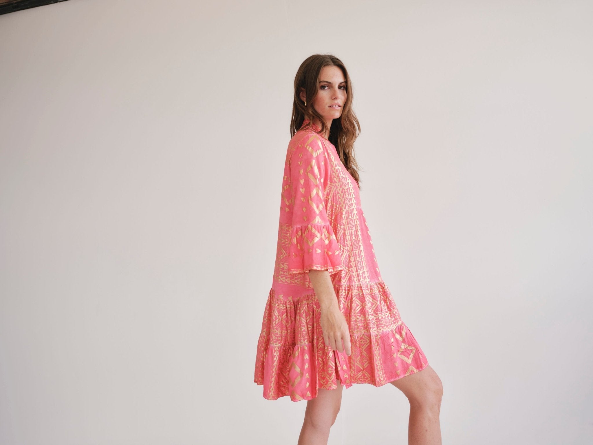 View our Phoebe Bohemian Short Dress with Gold Foil in Coral - by Tribute Store