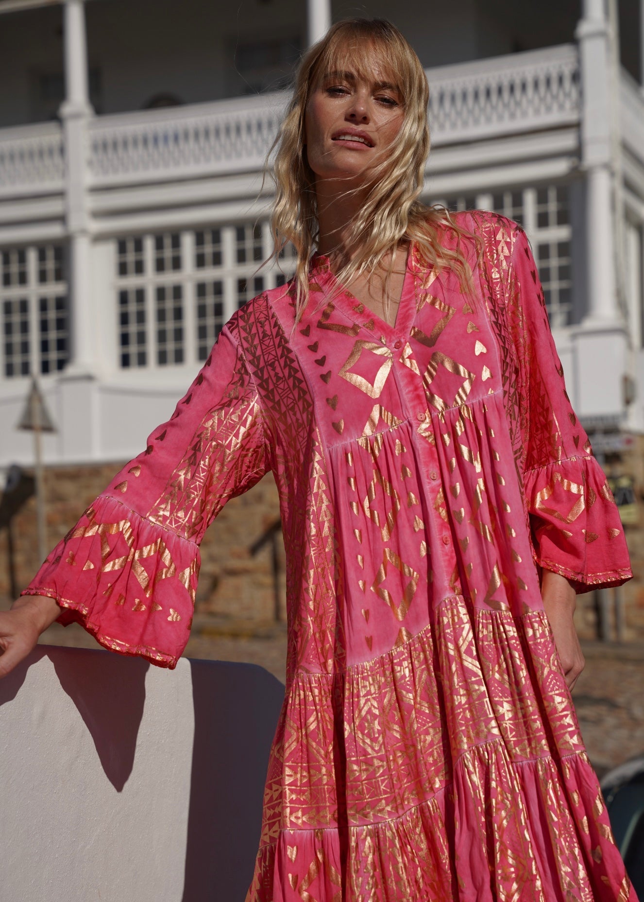 View our Phoebe Bohemian Short Dress with Gold Foil in Coral - by Tribute Store