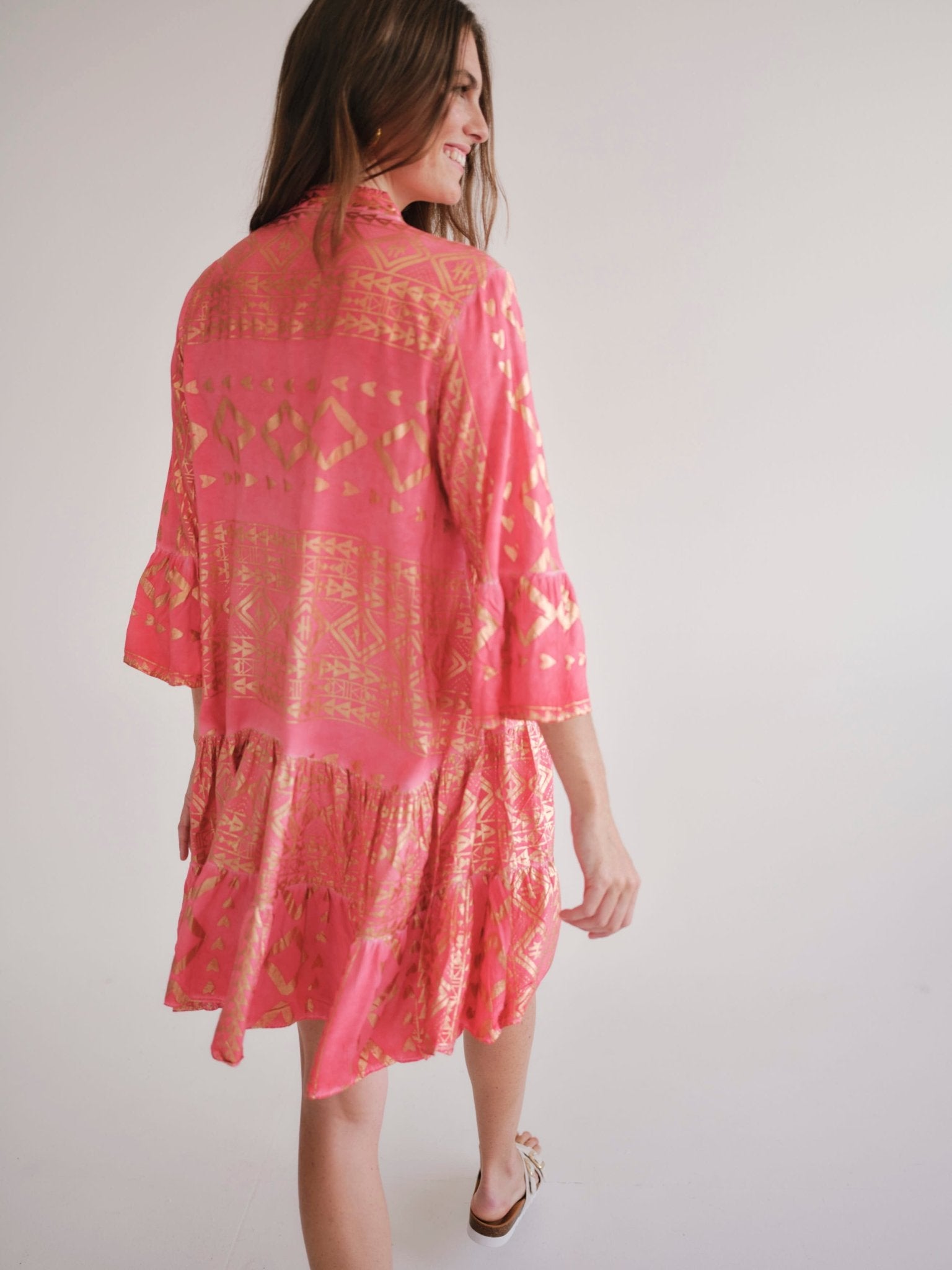 View our Phoebe Bohemian Short Dress with Gold Foil in Coral - by Tribute Store