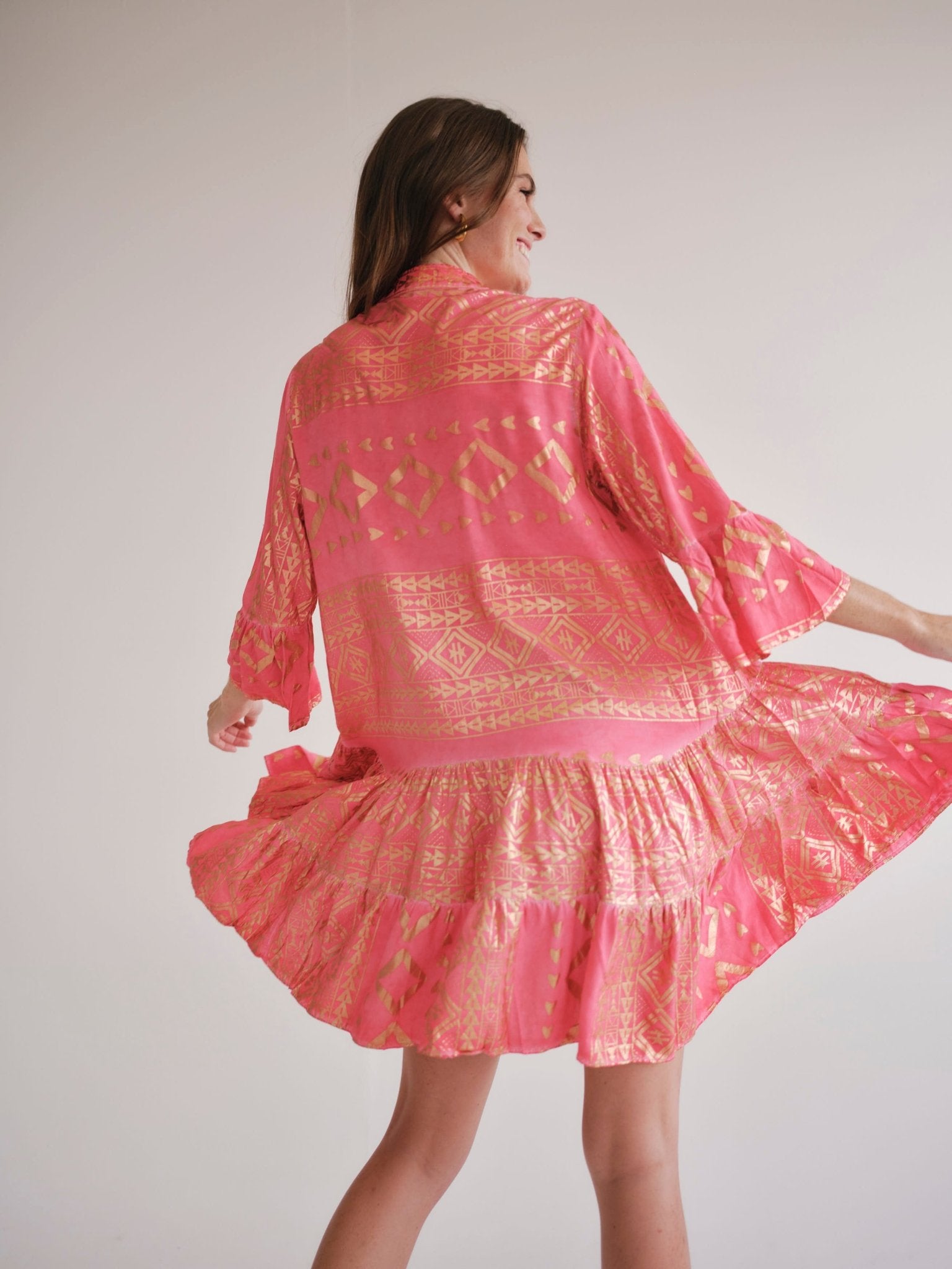 View our Phoebe Bohemian Short Dress with Gold Foil in Coral - by Tribute Store