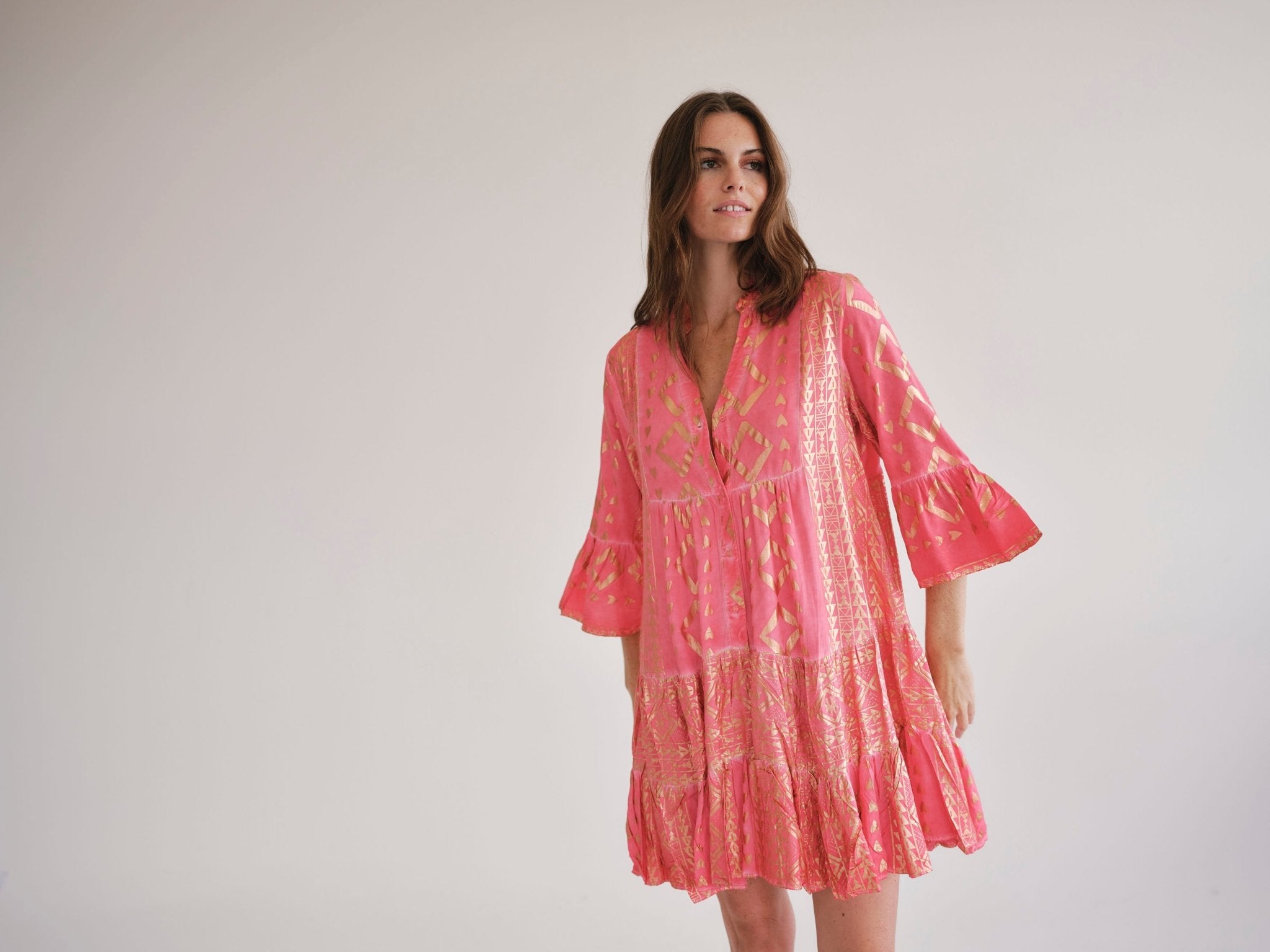 View our Phoebe Bohemian Short Dress with Gold Foil in Coral - by Tribute Store