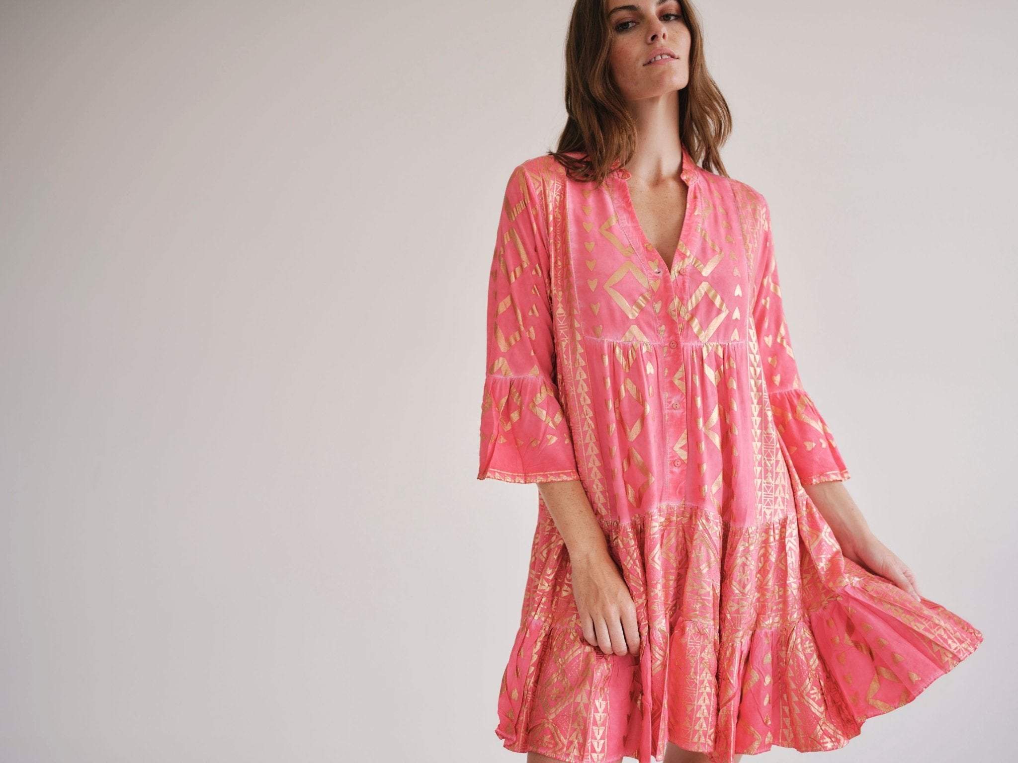 View our Phoebe Bohemian Short Dress with Gold Foil in Coral - by Tribute Store