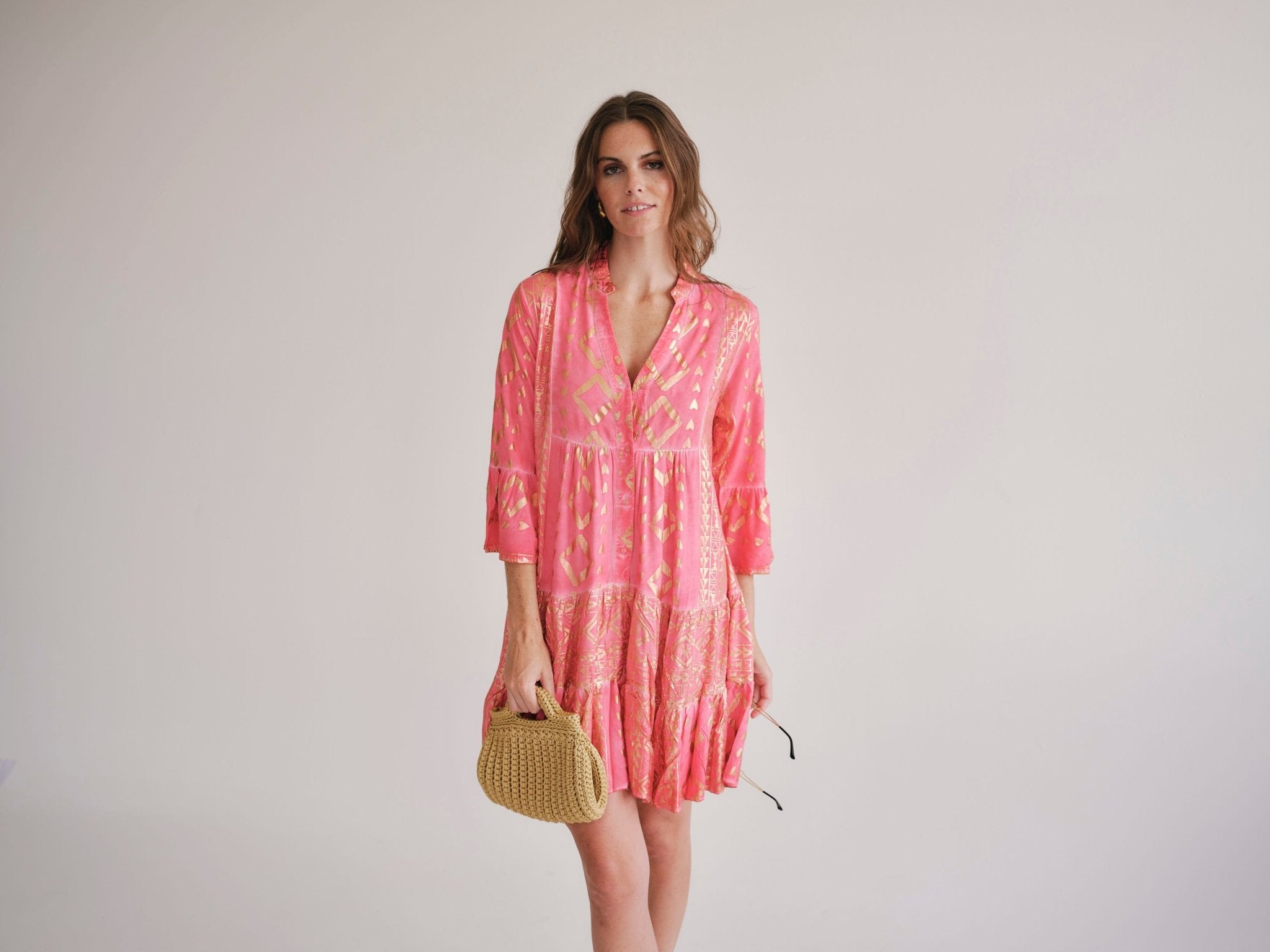 View our Phoebe Bohemian Short Dress with Gold Foil in Coral - by Tribute Store