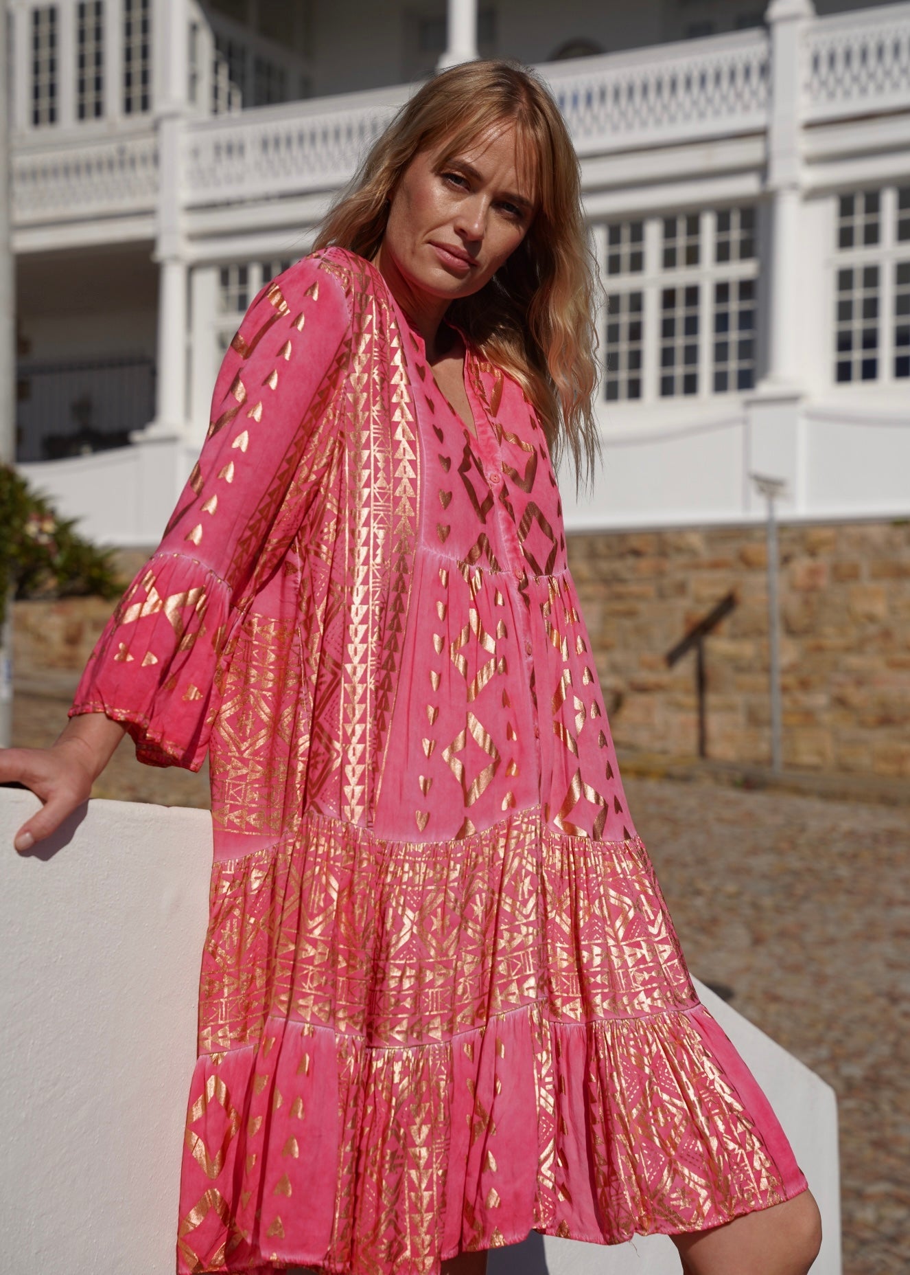 View our Phoebe Bohemian Short Dress with Gold Foil in Coral - by Tribute Store