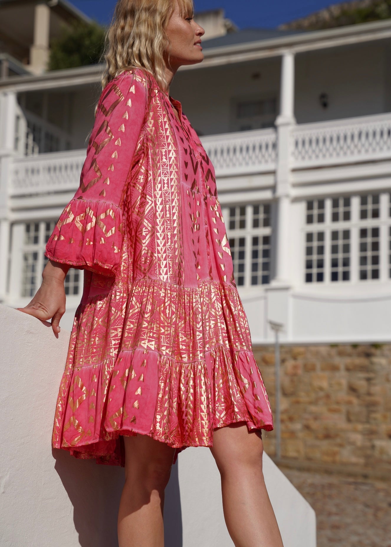 View our Phoebe Bohemian Short Dress with Gold Foil in Coral - by Tribute Store