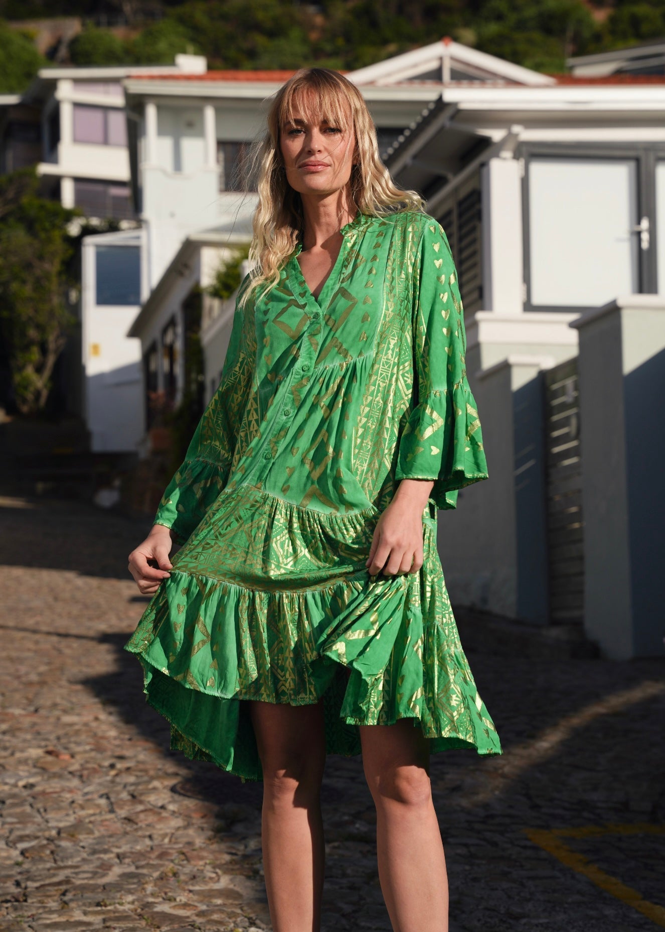 View our Phoebe Bohemian Short Dress with Gold Foil in Green - by Tribute Store
