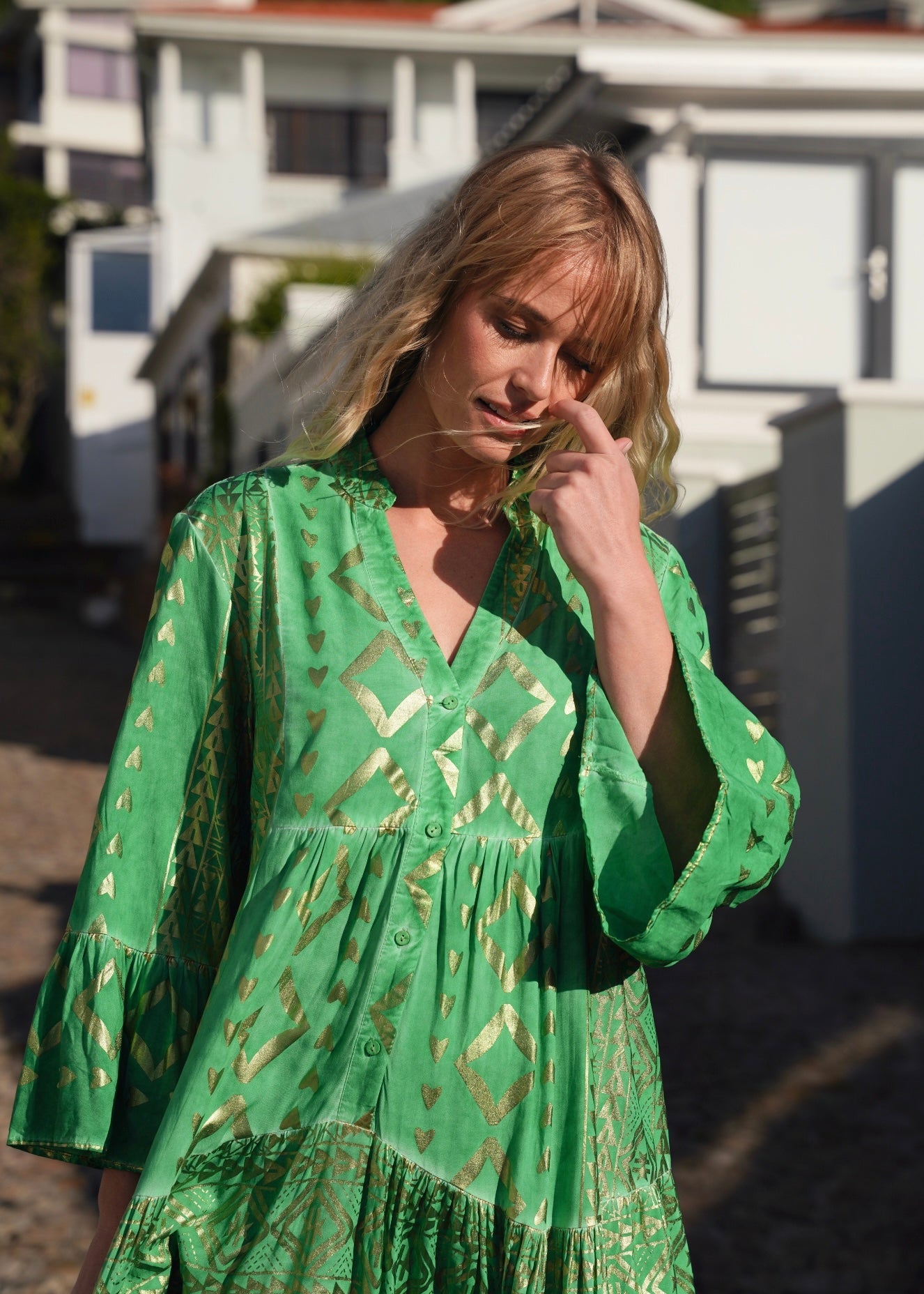 View our Phoebe Bohemian Short Dress with Gold Foil in Green - by Tribute Store