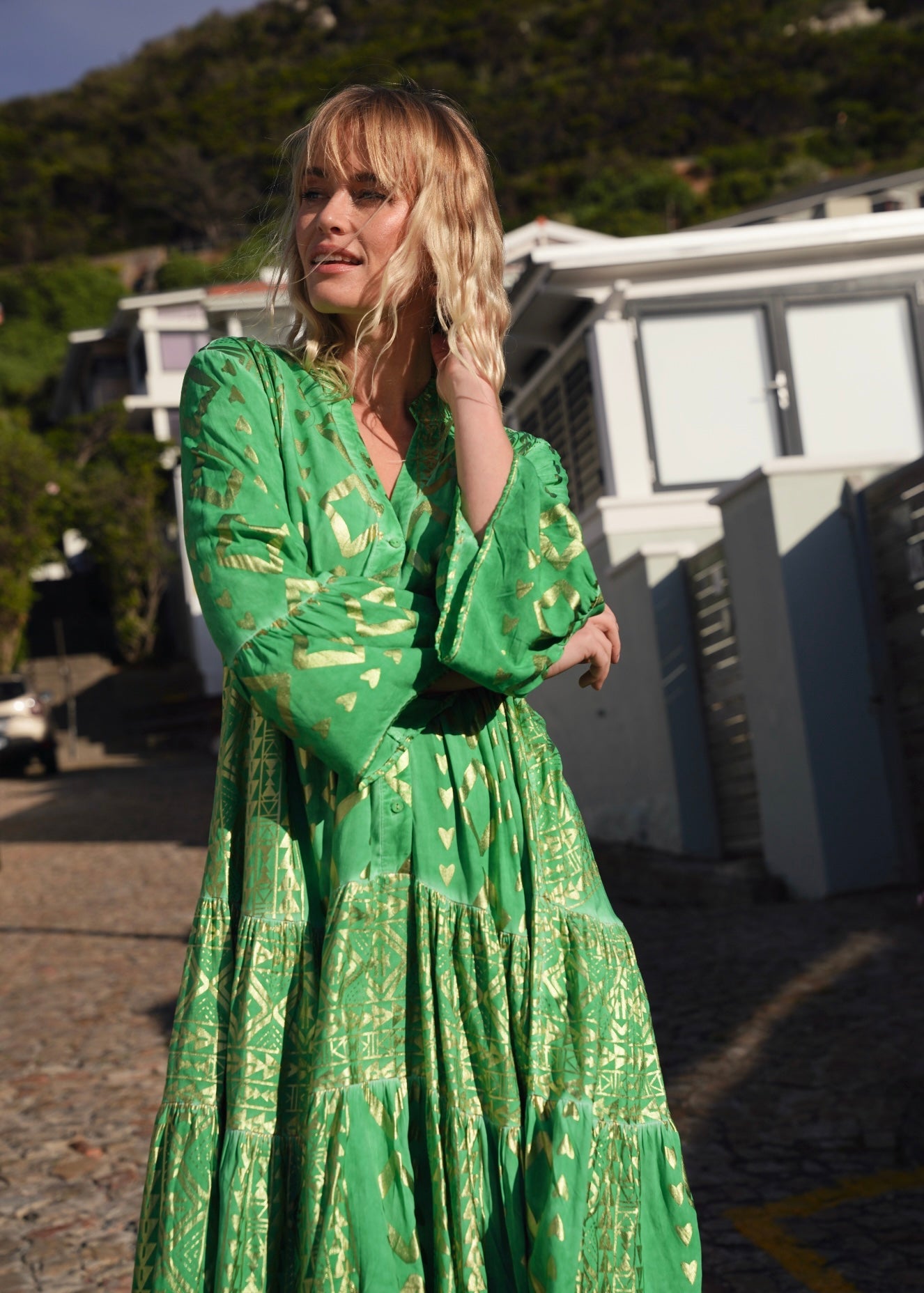View our Phoebe Bohemian Short Dress with Gold Foil in Green - by Tribute Store