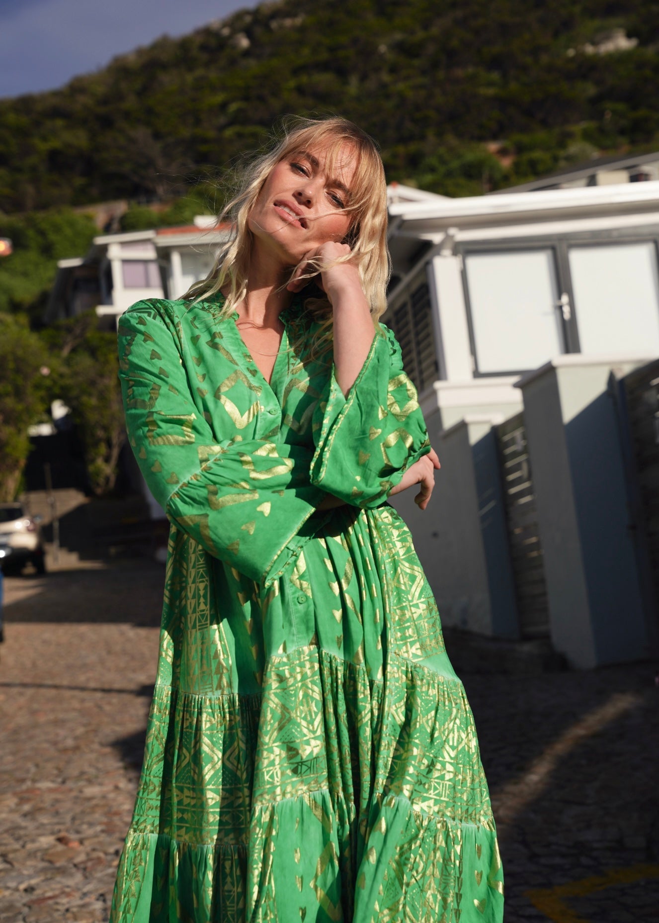 View our Phoebe Bohemian Short Dress with Gold Foil in Green - by Tribute Store
