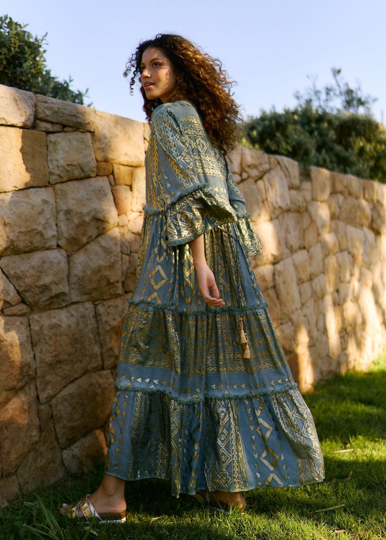 View our Phoebe Maxi Bohemian Dress with Front Tassels in Deep Green - by Tribute Store