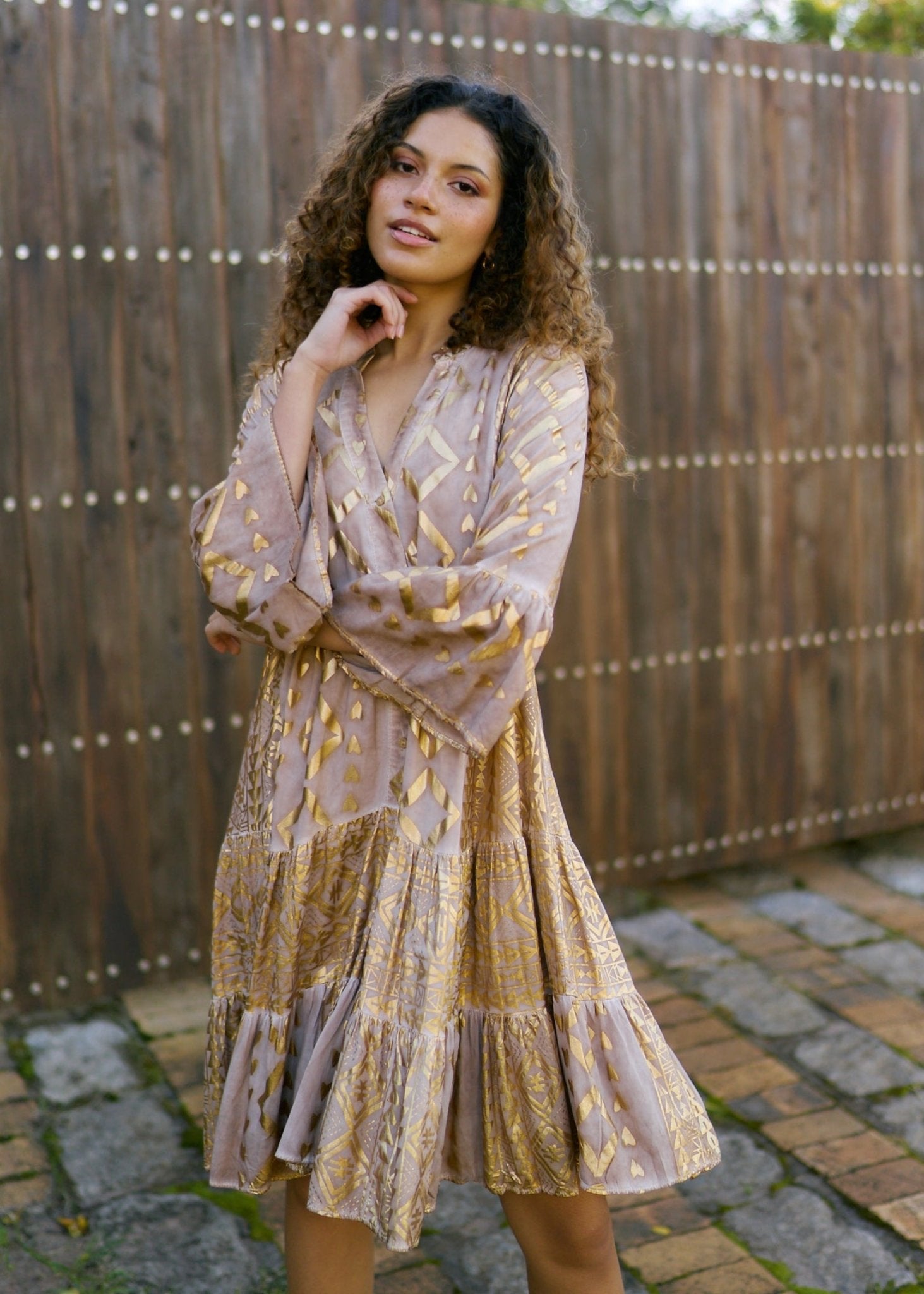 View our Phoebe Short Bohemian Dress with Gold Print in Caramel - by Tribute Store