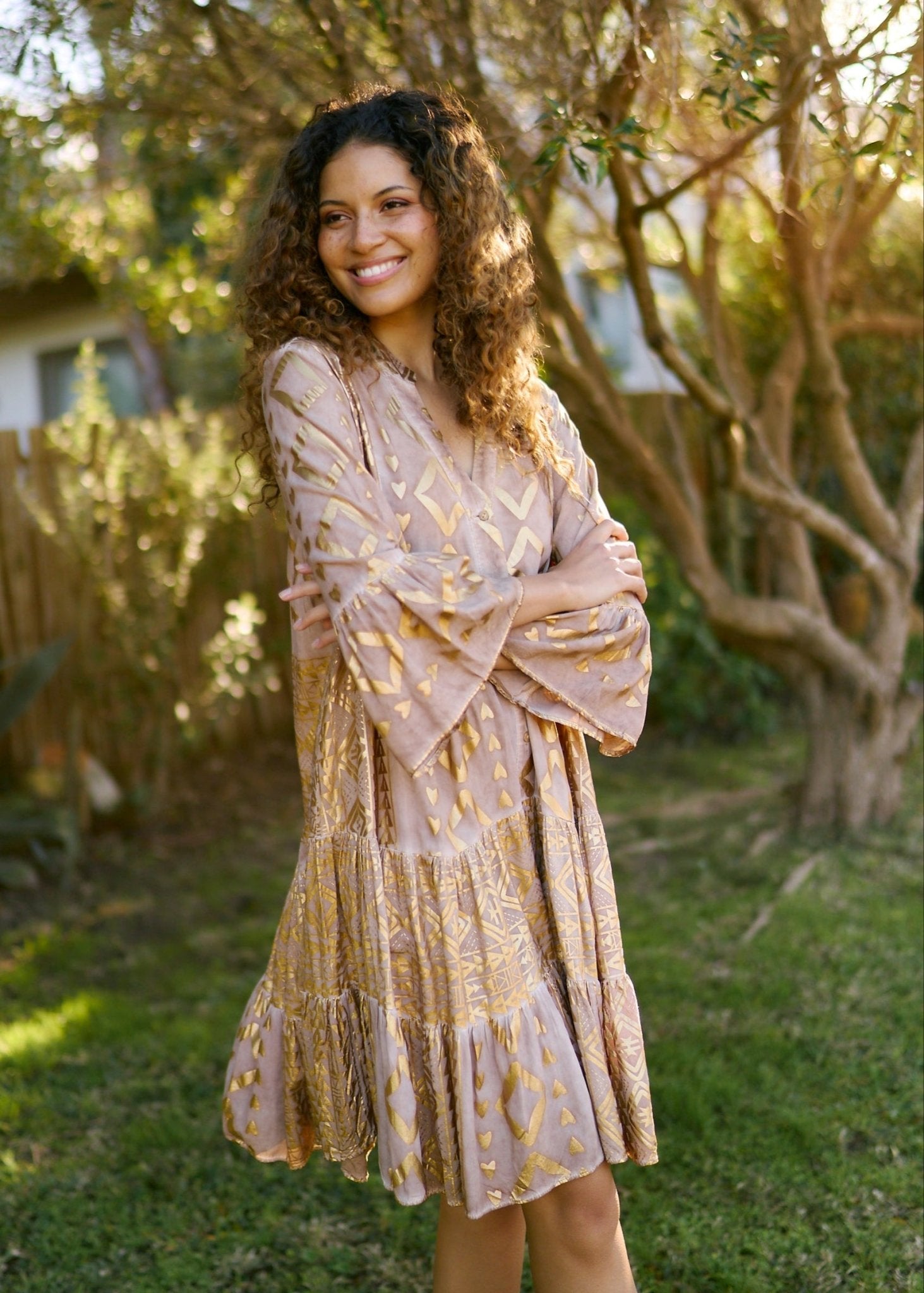 View our Phoebe Short Bohemian Dress with Gold Print in Caramel - by Tribute Store