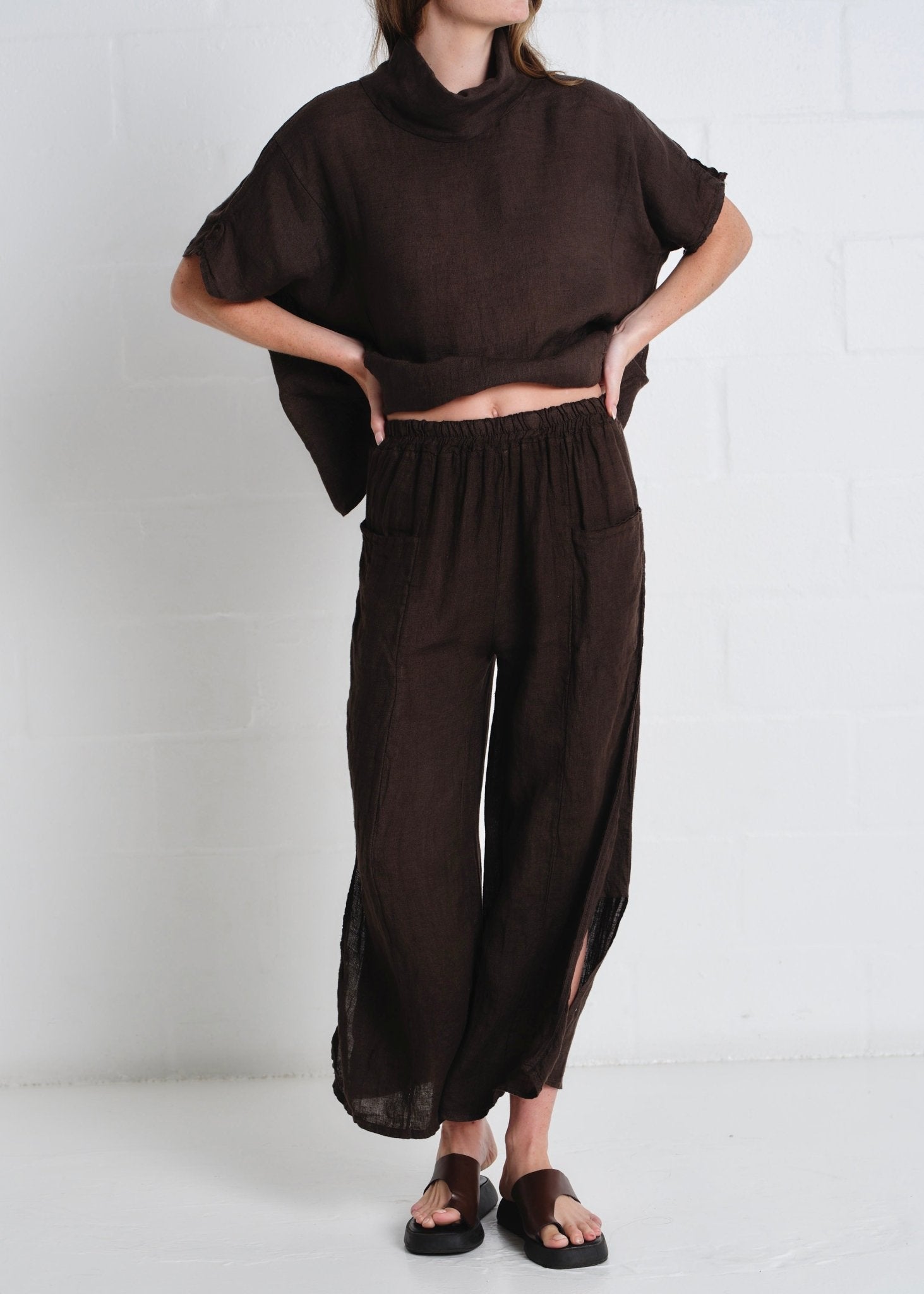 View our Portofino Side Slit Palazzo Pants In Chocolate - by Tribute Store
