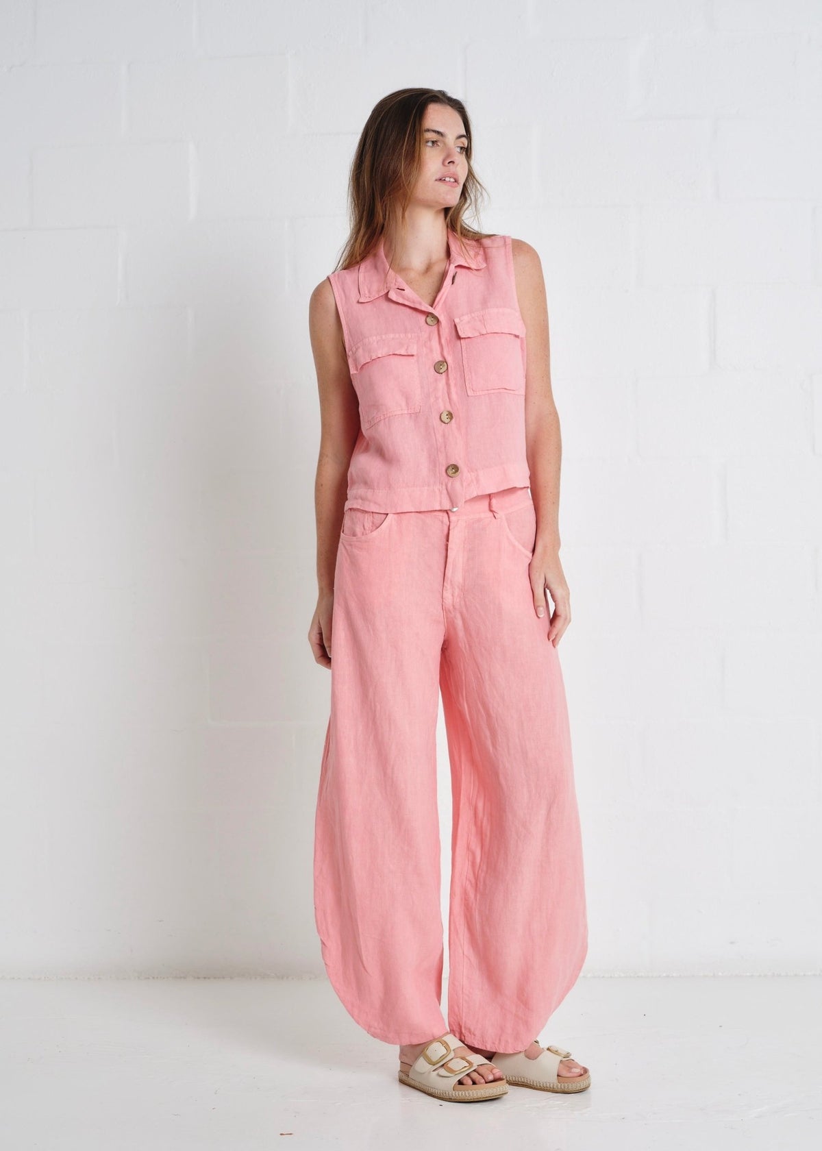 View our Positano Italian Linen Barrel Pants in Guava Pink - by Tribute Store