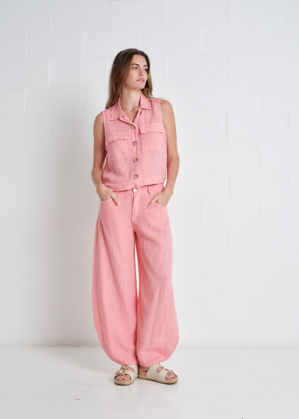 View our Positano Italian Linen Barrel Pants in Guava Pink - by Tribute Store