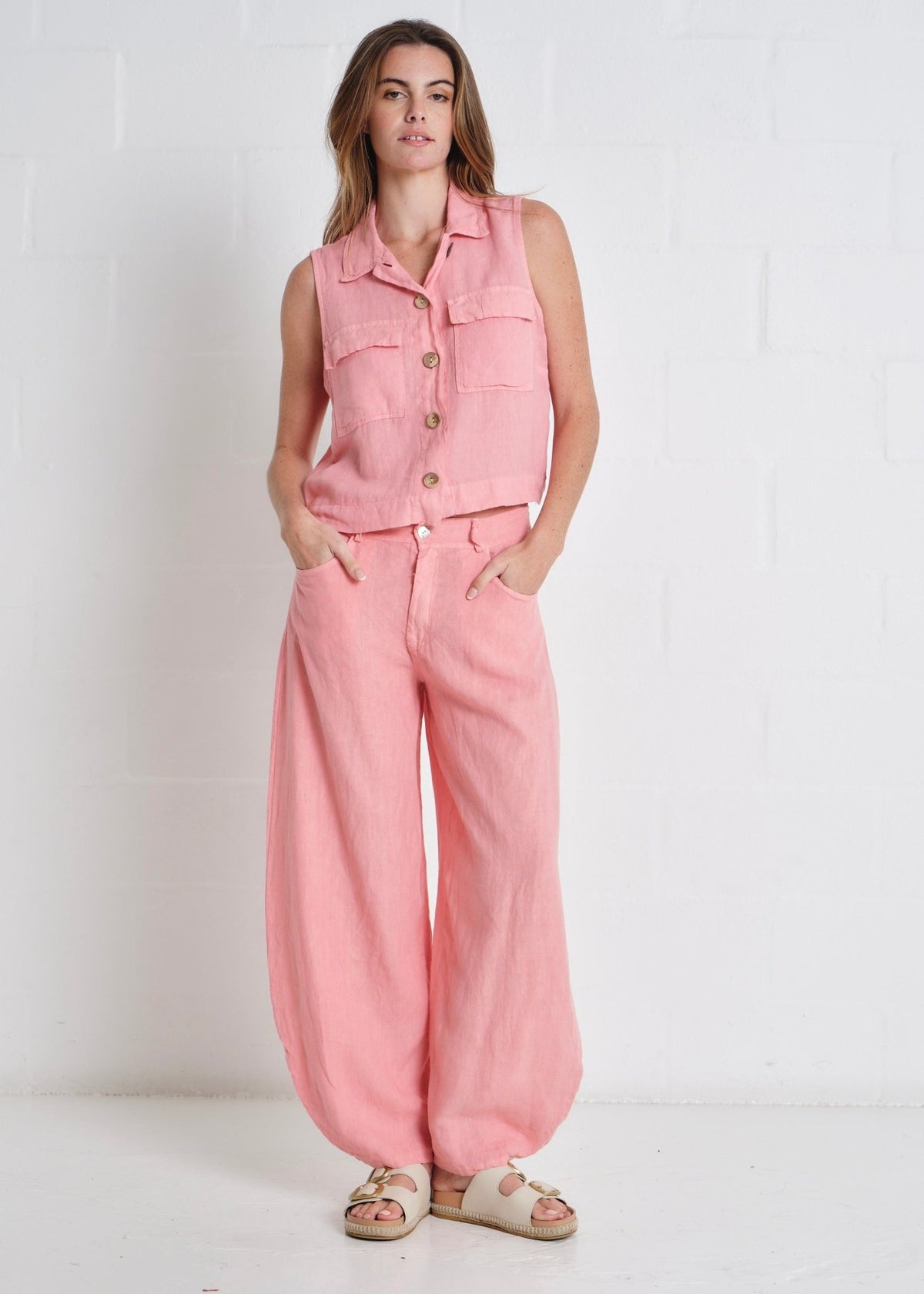 View our Positano Italian Linen Barrel Pants in Guava Pink - by Tribute Store
