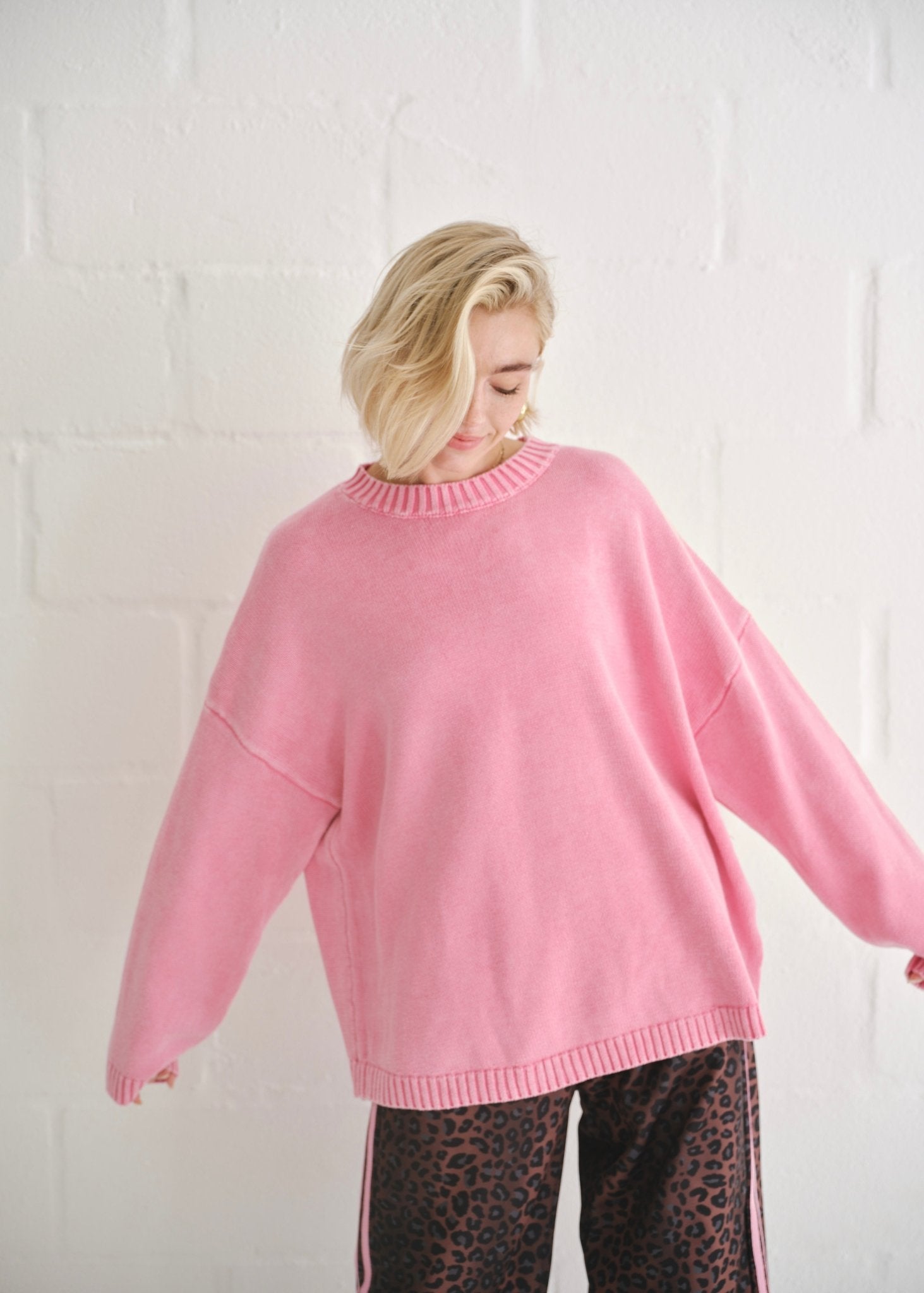 View our Ribbed Seam Knit Sweater In Pink - by Tribute Store