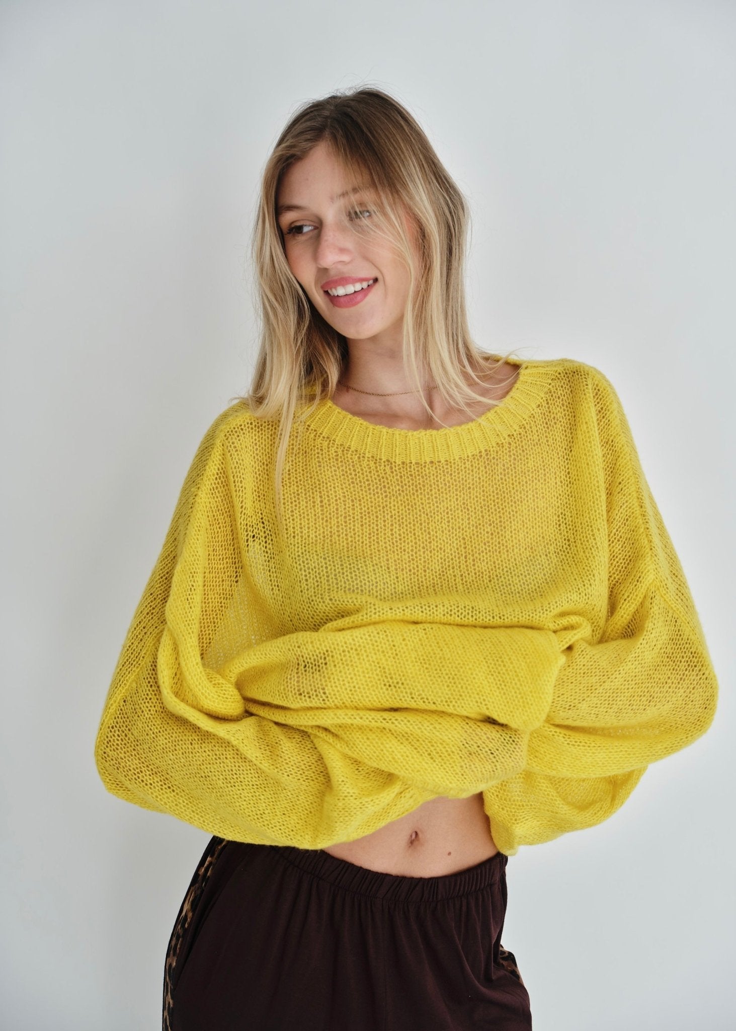 View our Rio Sheer Knit Sweater In Yellow - by Tribute Store