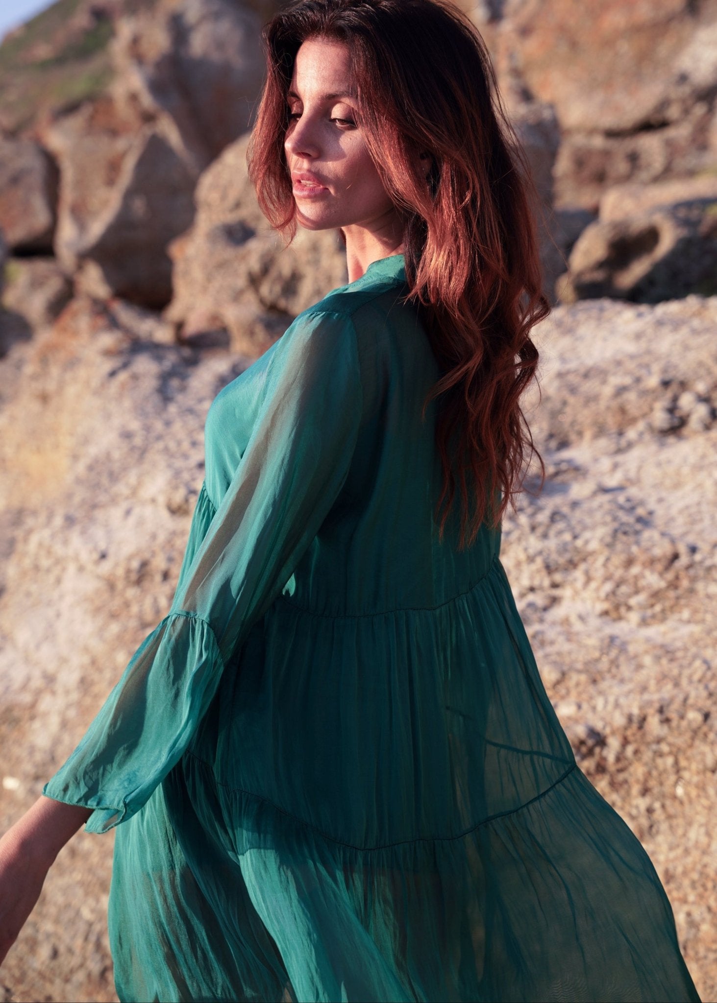 View our Rio Silk Tiered Dress In Emerald - by Tribute Store