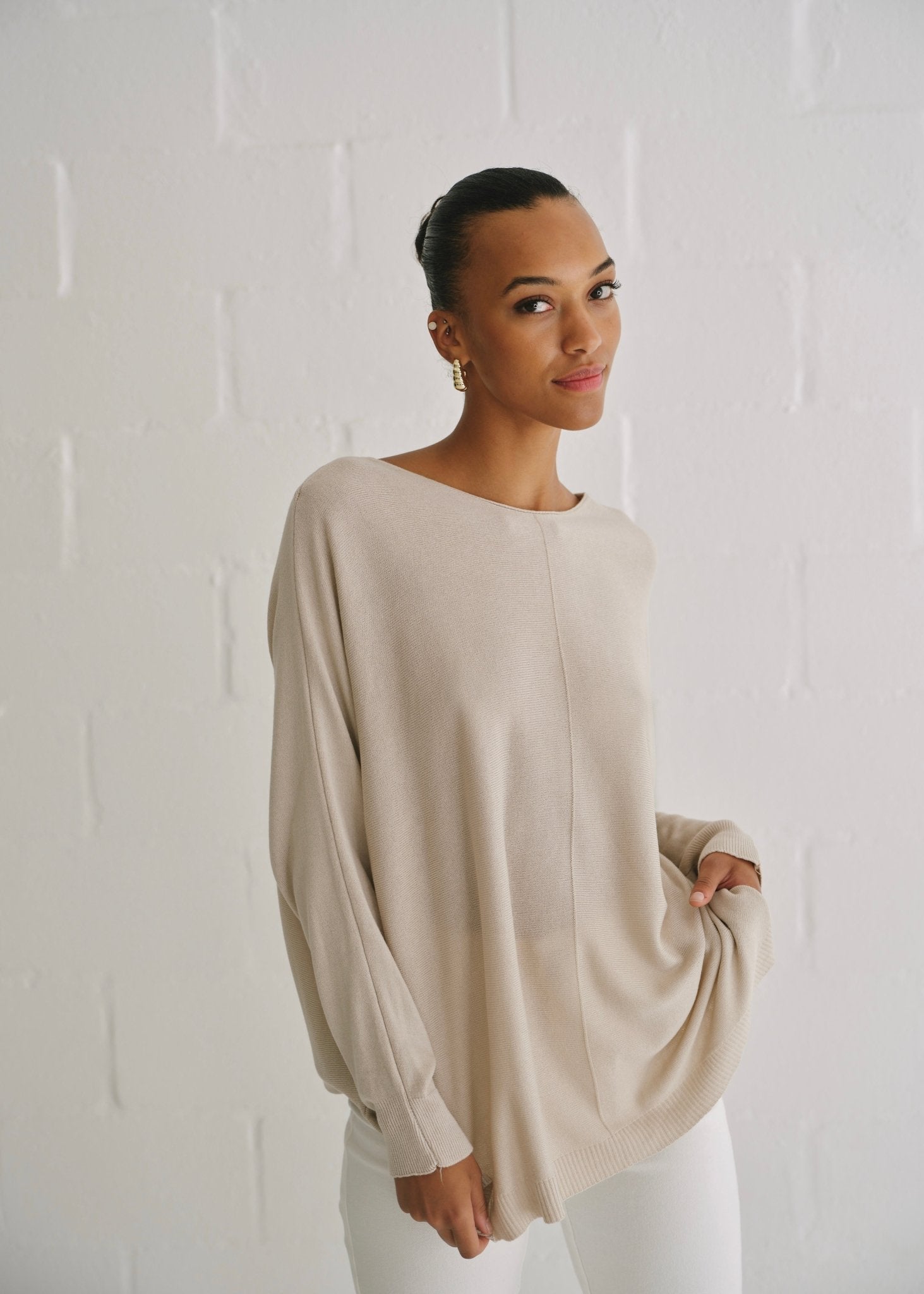 View our Roma Italian Oversized Crew Neck Knit In Taupe - by Tribute Store