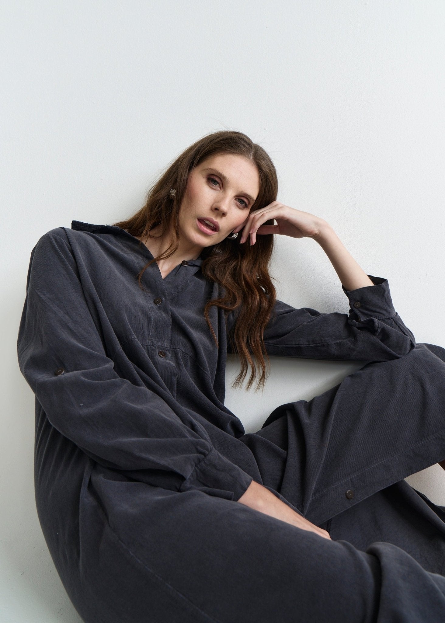 View our Roma Italian Velour Button up Dress in Black - by Tribute Store