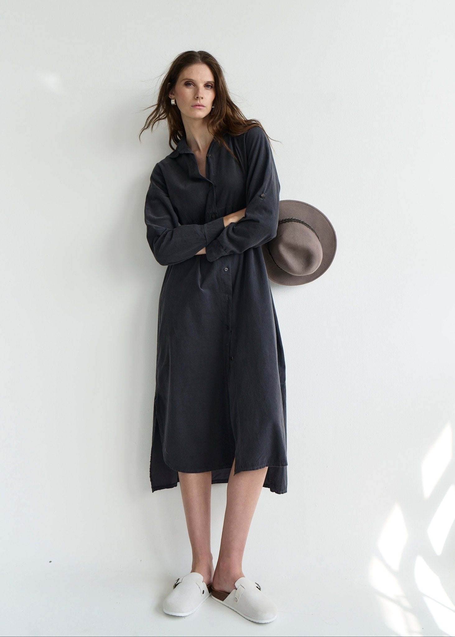 View our Roma Italian Velour Button up Dress in Black - by Tribute Store