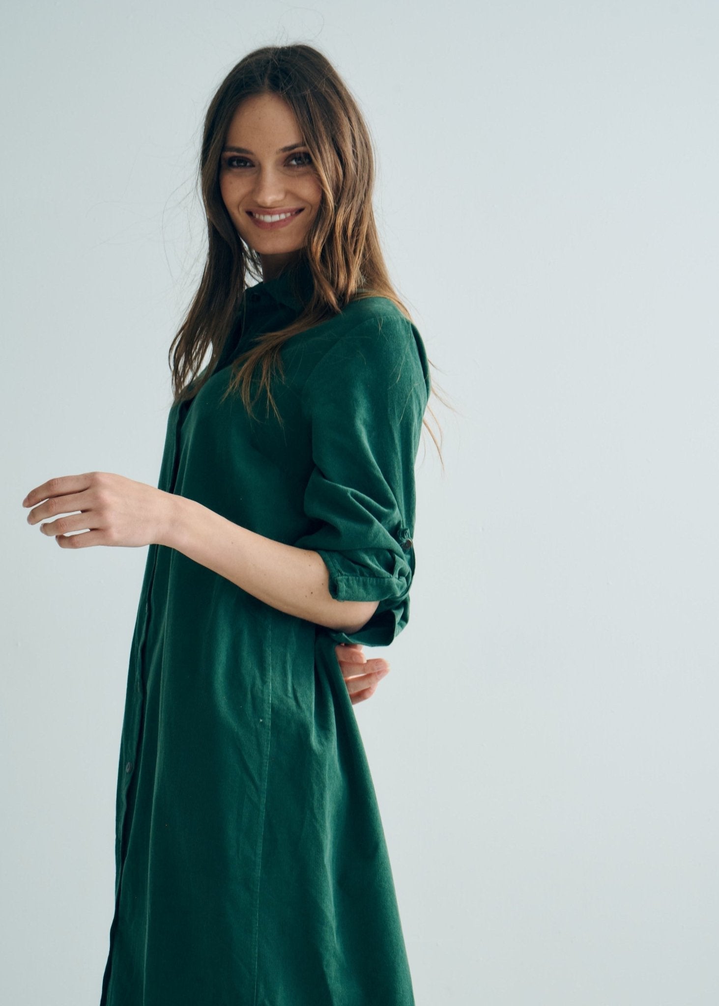 View our Roma Italian Velour Button up Dress in Bottle Green - by Tribute Store
