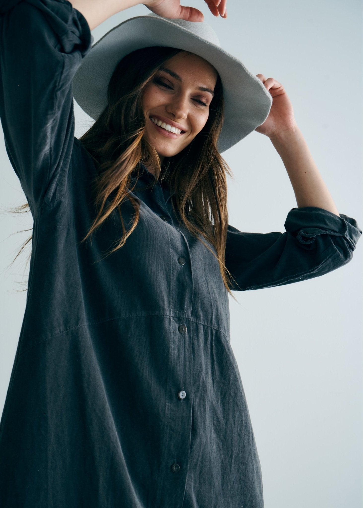 View our Roma Italian Velour Button up Dress in Gunmetal - by Tribute Store