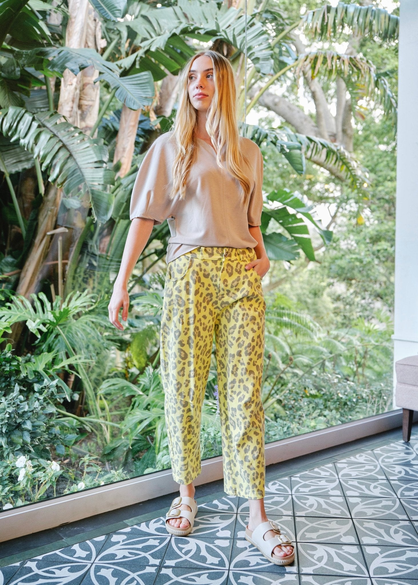 View our Romy Italian Barrel Jeans in Yellow Leopard Print - by Tribute Store