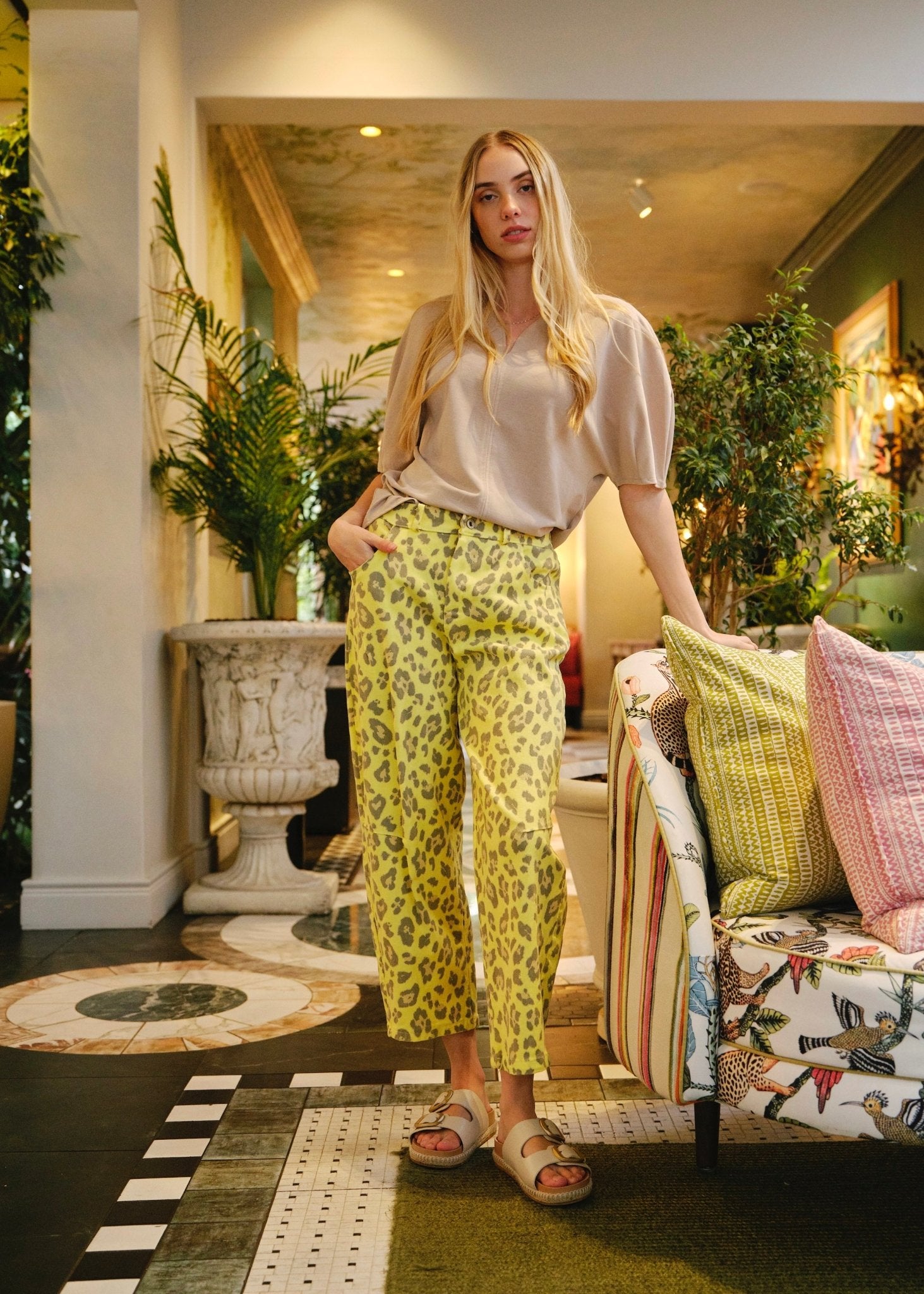 View our Romy Italian Barrel Jeans in Yellow Leopard Print - by Tribute Store