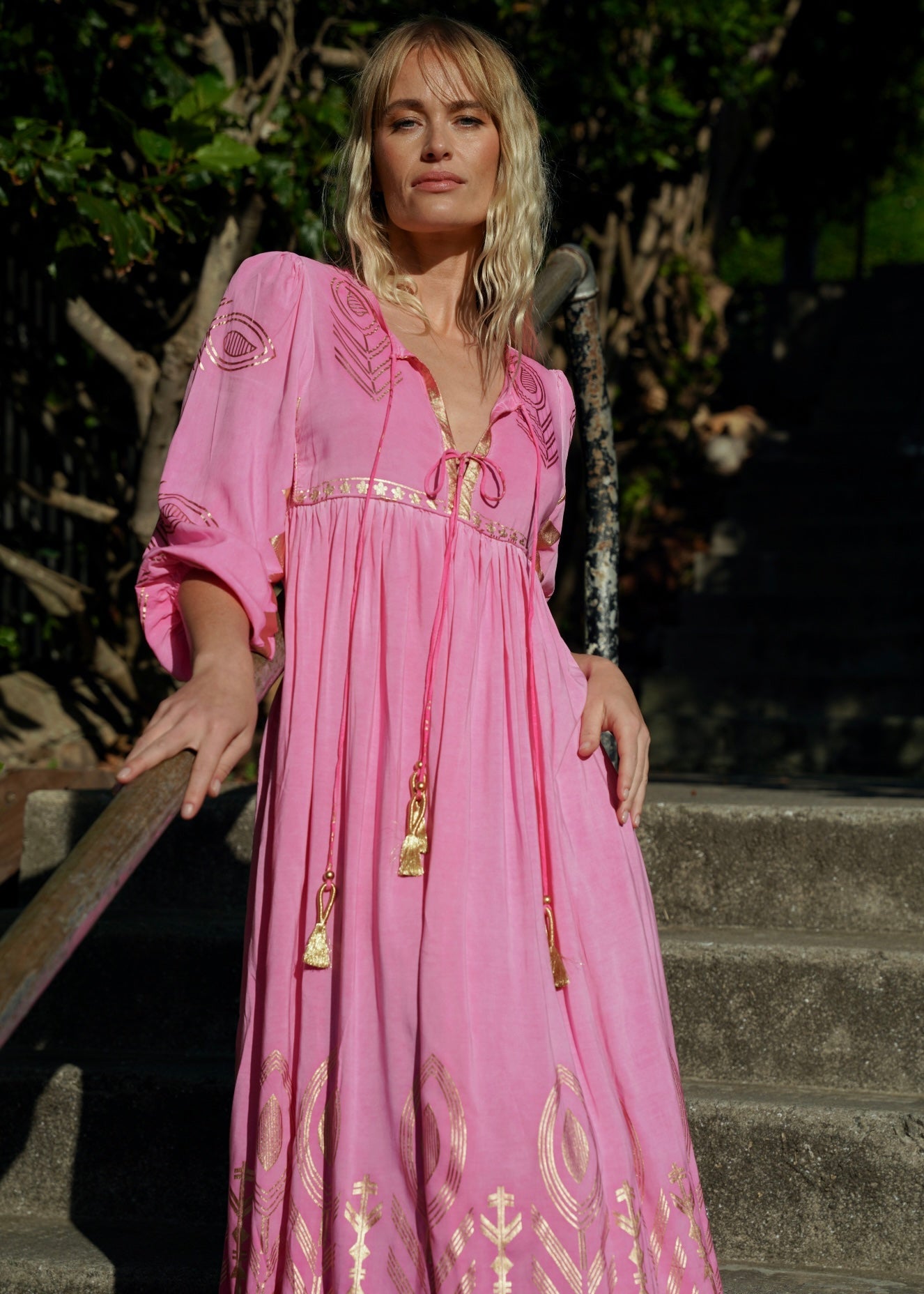 View our Rosalia Midi dress Hot Pink With Gold Foil - by Tribute Store