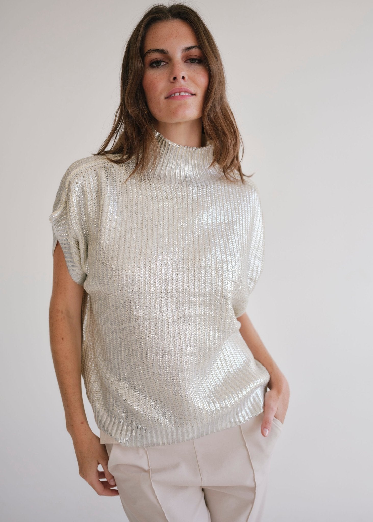 View our Saint Germain Italian Cream Foil Sleeveless Knit - by Tribute Store