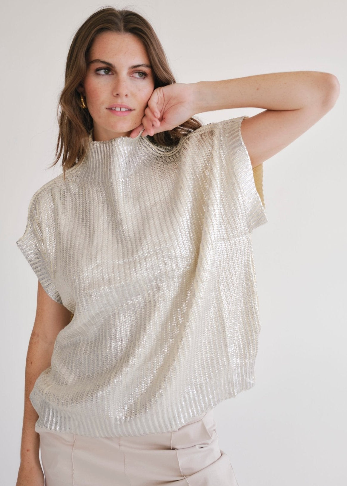 View our Saint Germain Italian Cream Foil Sleeveless Knit - by Tribute Store