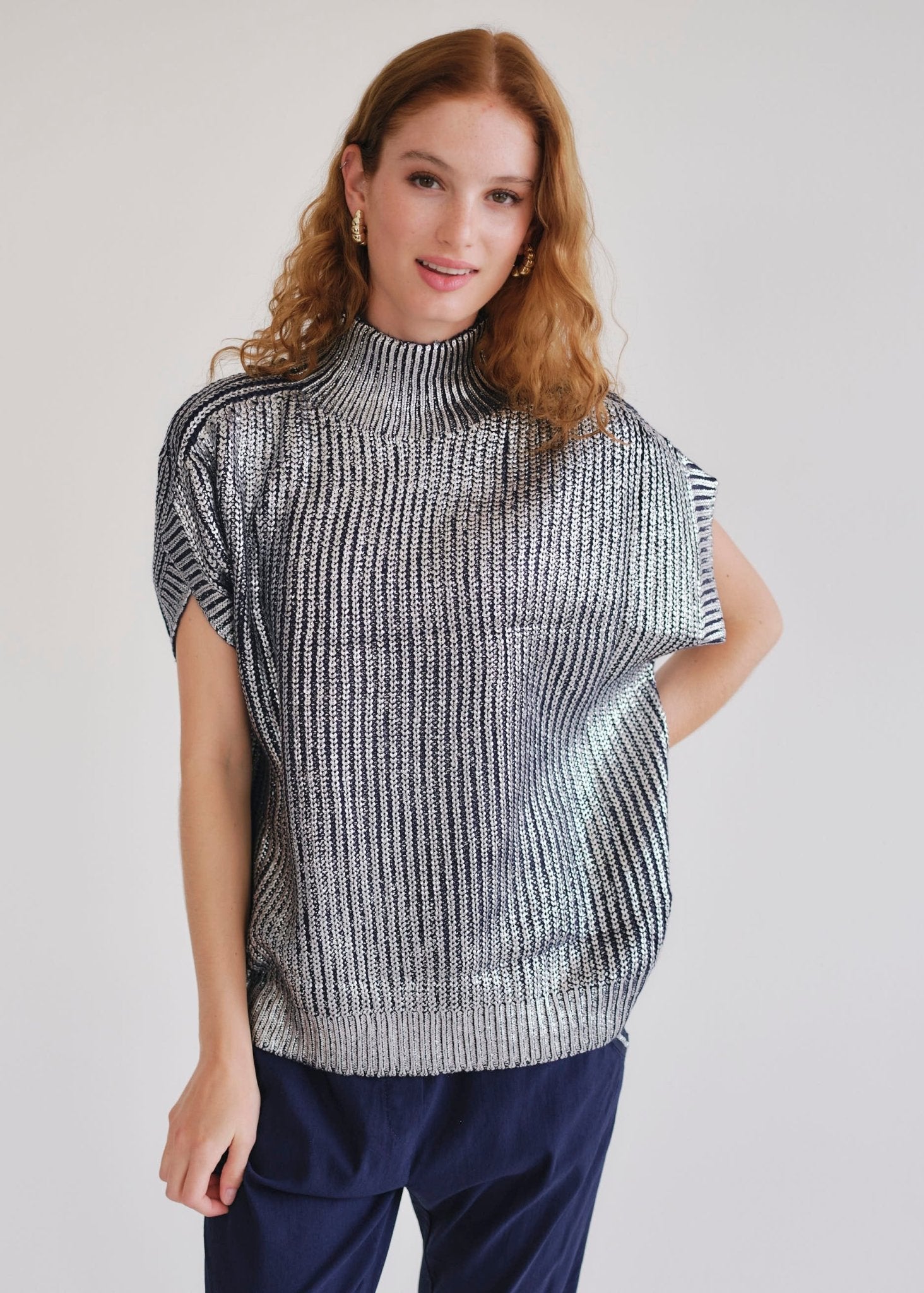View our Saint Germain Italian Navy Foil Sleeveless Knit - by Tribute Store