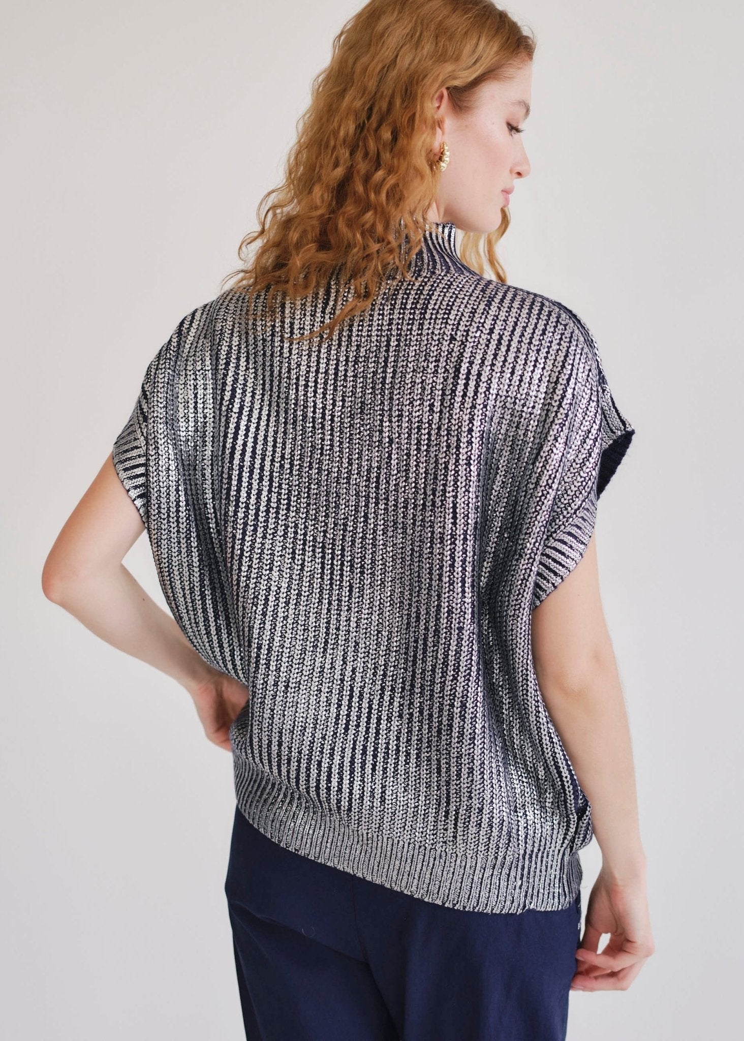 View our Saint Germain Italian Navy Foil Sleeveless Knit - by Tribute Store